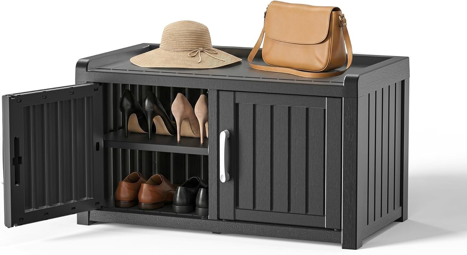 EFU Shoe Bench with Storage, Shoe Cabinet Indoor Outdoor with Adjustable Shelves, Waterproof Shoe Organizer with Double Doors for Entryway, Bedroom, Living Room (Black)