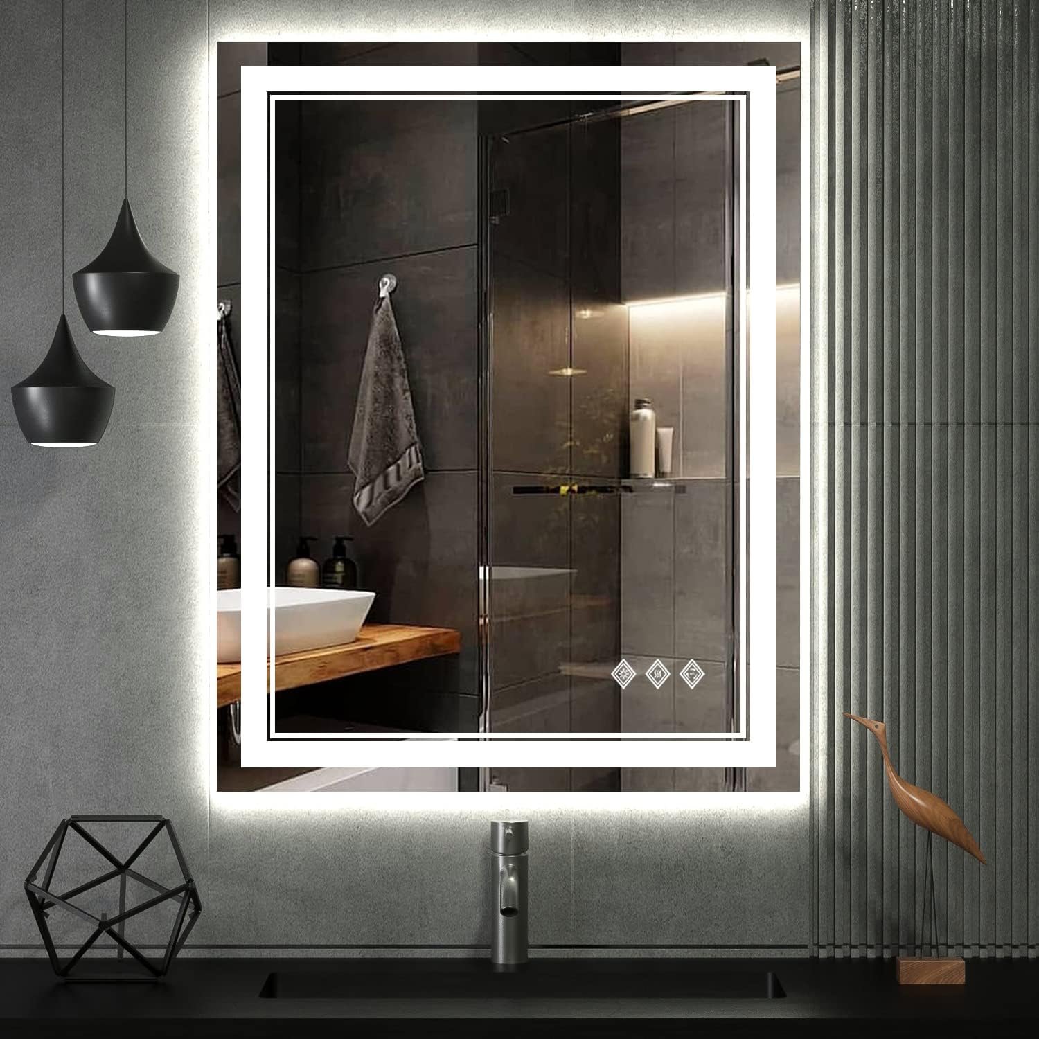 LED Vanity Mirror, 23×31 Inch Gradient Front and Backlit Bathroom Mirror with Lights, 3 Colors Dimmable CRI>90, IP54 Enhanced Anti-Fog, Hanging Plates LED Mirror