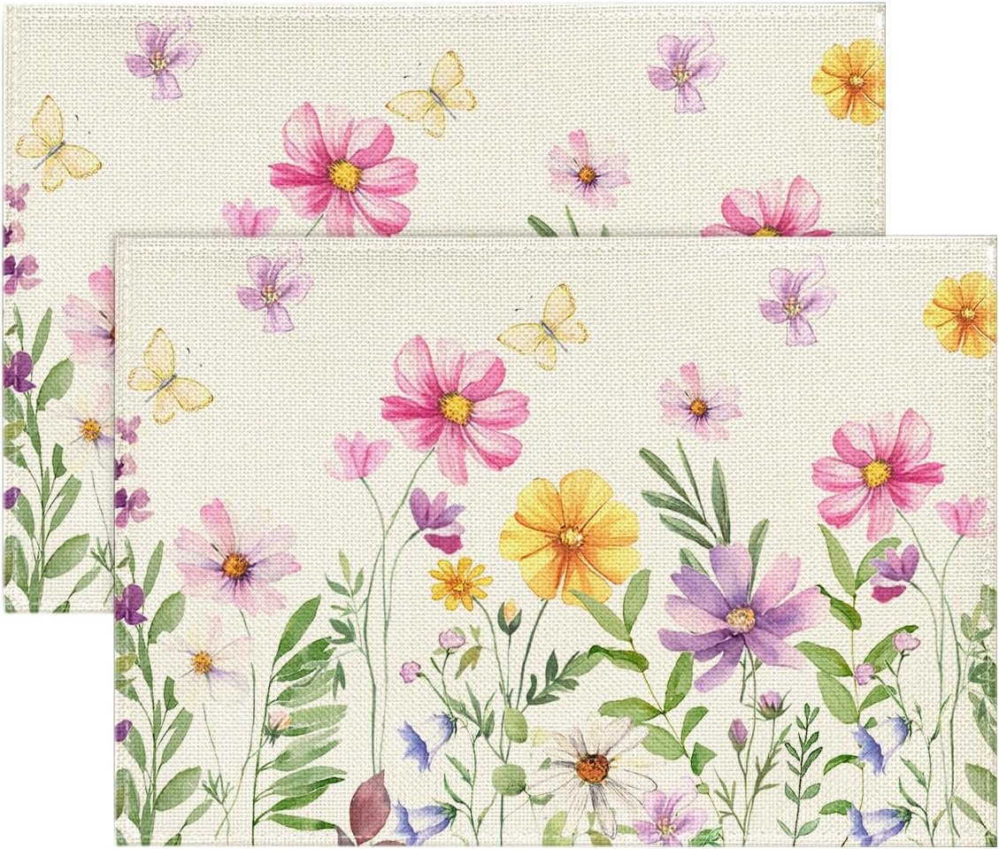 Artoid Mode Floral Butterfly Spring Placemats Set of 2, 12×18 Inch Seasonal Summer Placemats for Party Kitchen Dining Decoration