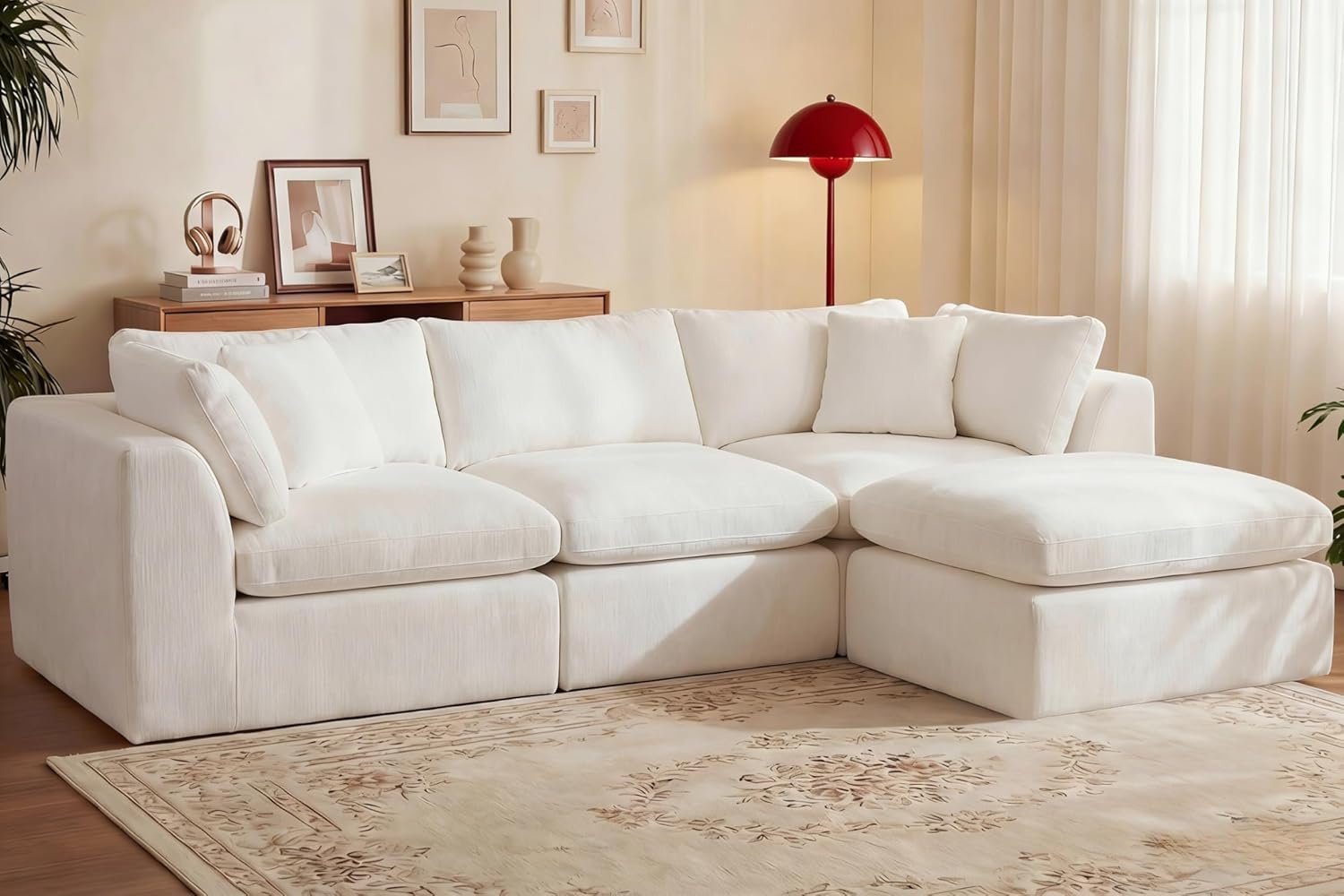 GRUSIGN 110” Oversized Cloud Sectional Boneless Couch for Living Room, Modern Big Compressed L Shape Couch with Ottoman & 2 Throw Pillows, Chenille Deep Seat Memory Foam Spineless 4 Seater Sofa,Beige