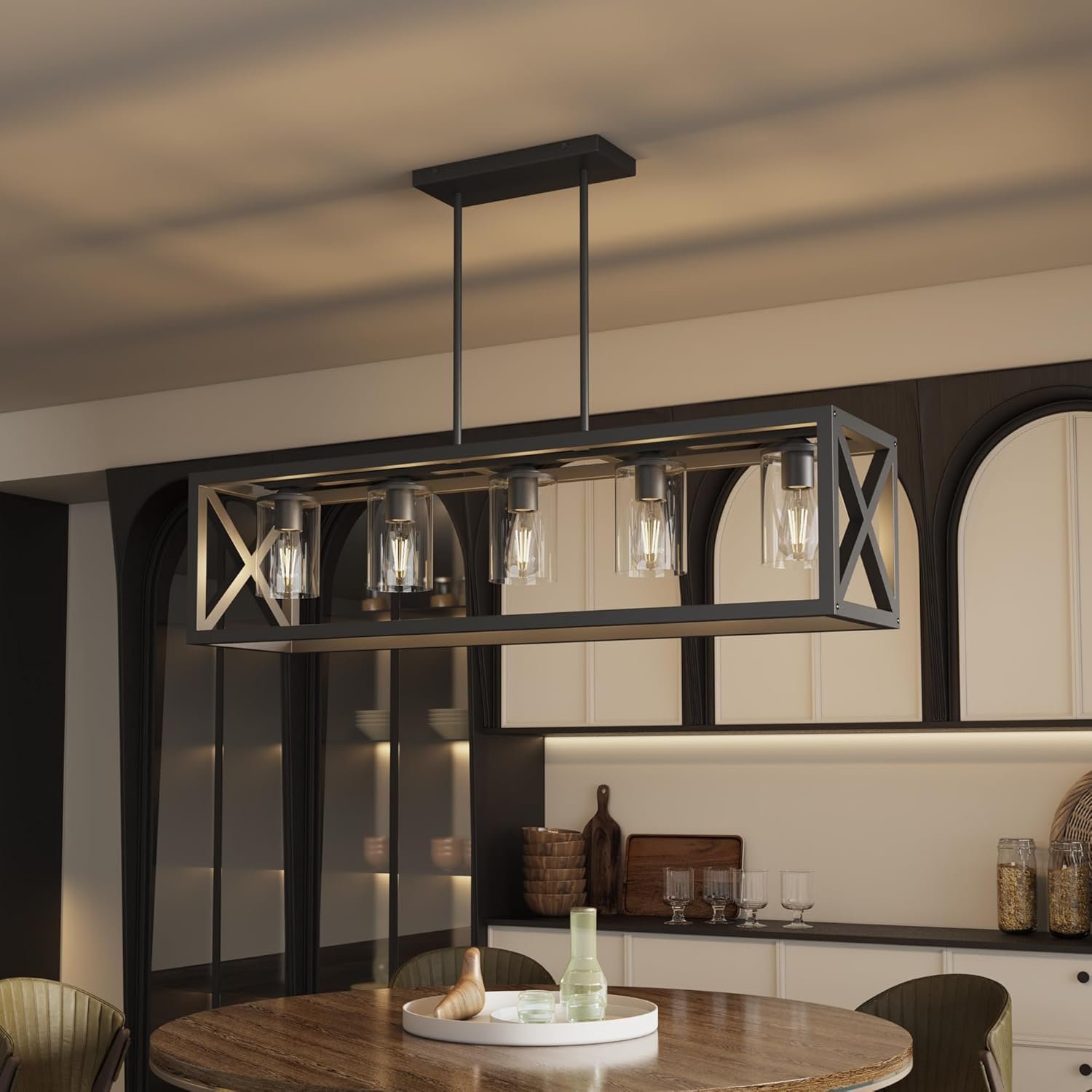 Farmhouse Dining Room Light Fixture – 5 Light Matte Black Rectangle Light Fixture with Adjustable Height & Thickened Metal Dining Table Fixture Chandeliers for Dining Room&Kitchen Island