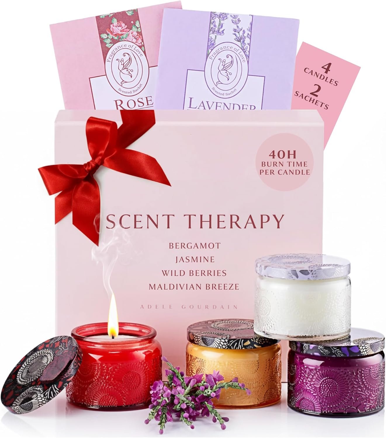 ADELEGOURDAIN Aromatherapy Scented Gift Set – 4 Soy Wax Candles & 2 Fragrance Sachets – Calming Jasmine, Bergamot, Berry & Breeze Scents in Glass Jars – Home, Bath & Relaxation Mother’s Day Presents