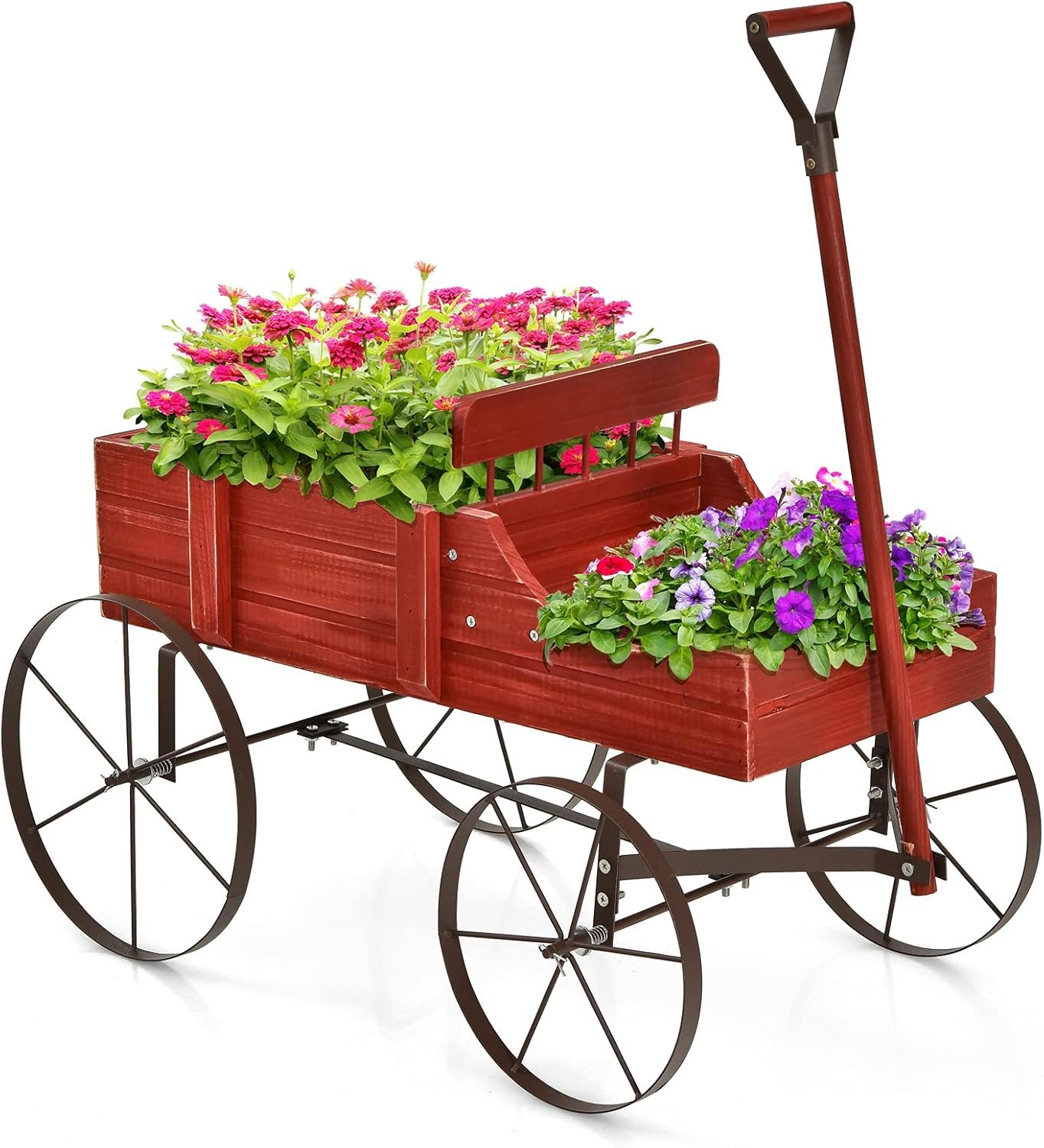 Giantex Decorative Garden Planter, Small Wagon Cart with Metal Wheels, Wood Raised Beds Plant Pot Stand for Backyard Garden Patio 24.5″x13.5″x24″ (Red)