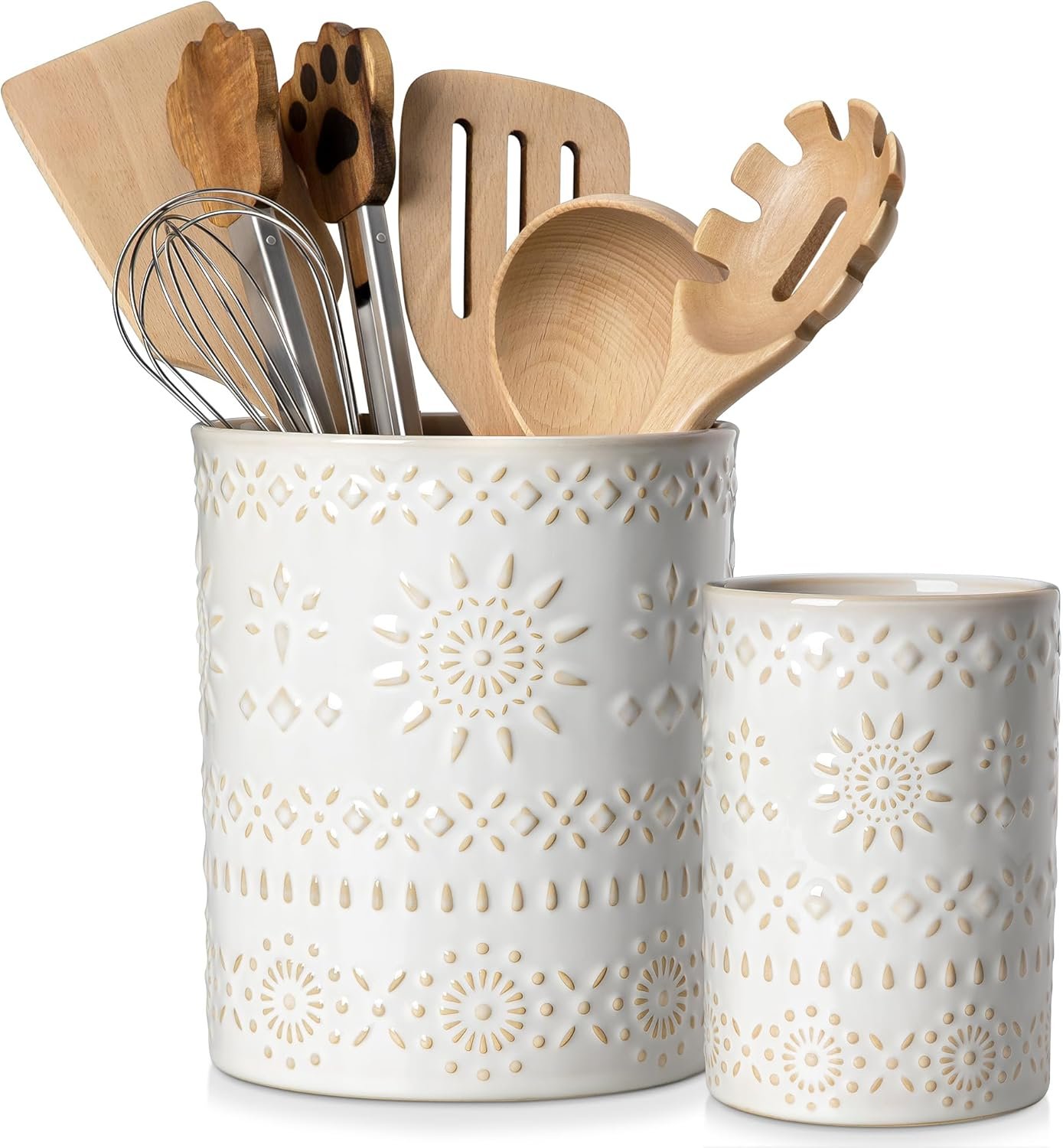LOVECASA Utensil Holder, 7.2″+5.4″ Ceramic Utensil Holder for Countertop, Large Cooking Utensil Crocks for Kitchen Counter, Farmhouse Utensil Vase for Housewarming, Kitchen Decor, Set of 2, Oasis