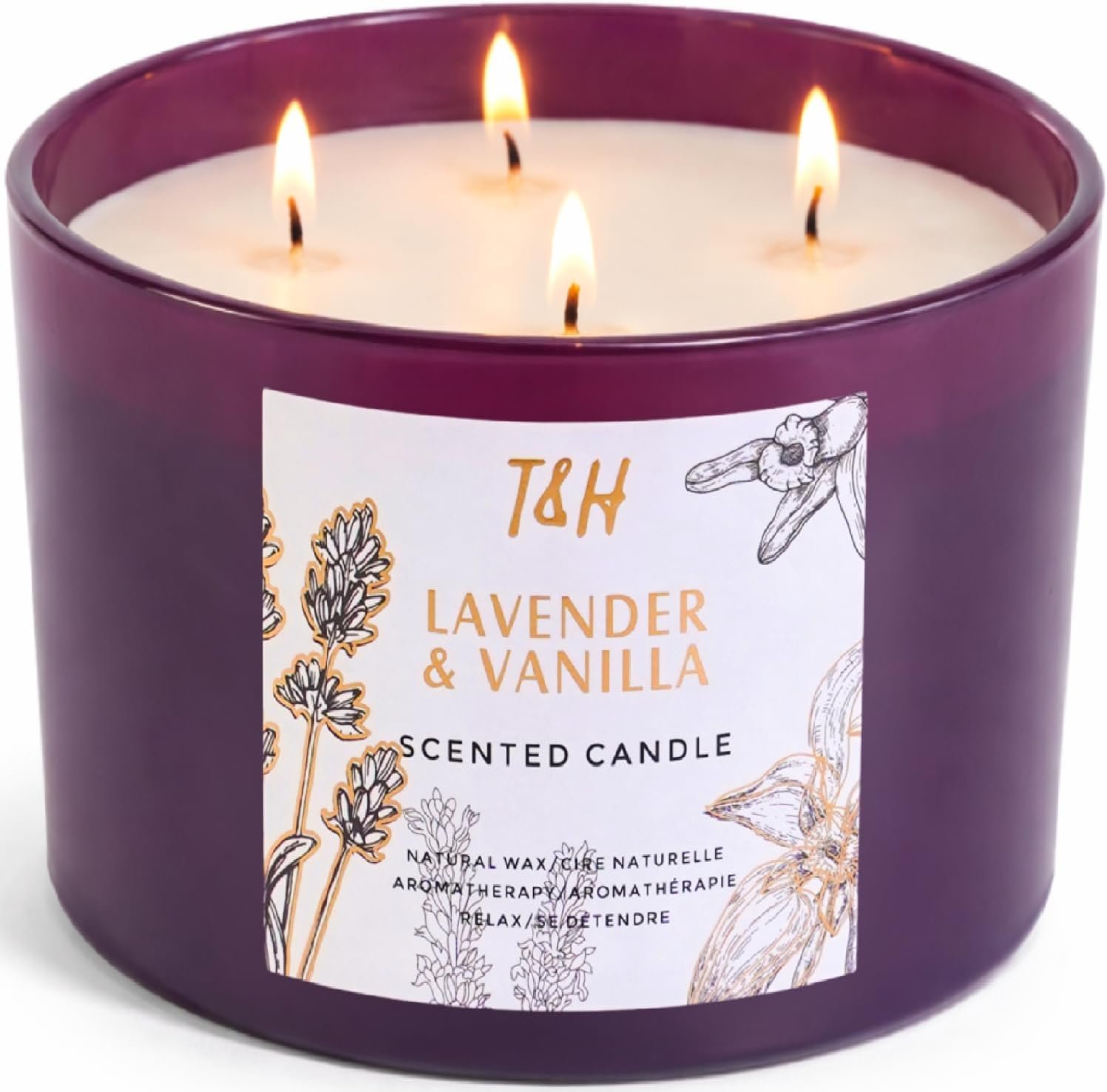 Lavender Vanilla Candle | 4 Wick Extra Large Scented Soy Candles 20 oz | Highly Scented Aromatherapy Lavender Candle for Women | Relaxing Stress Relief Home Scent | Long Lasting Clean Burn