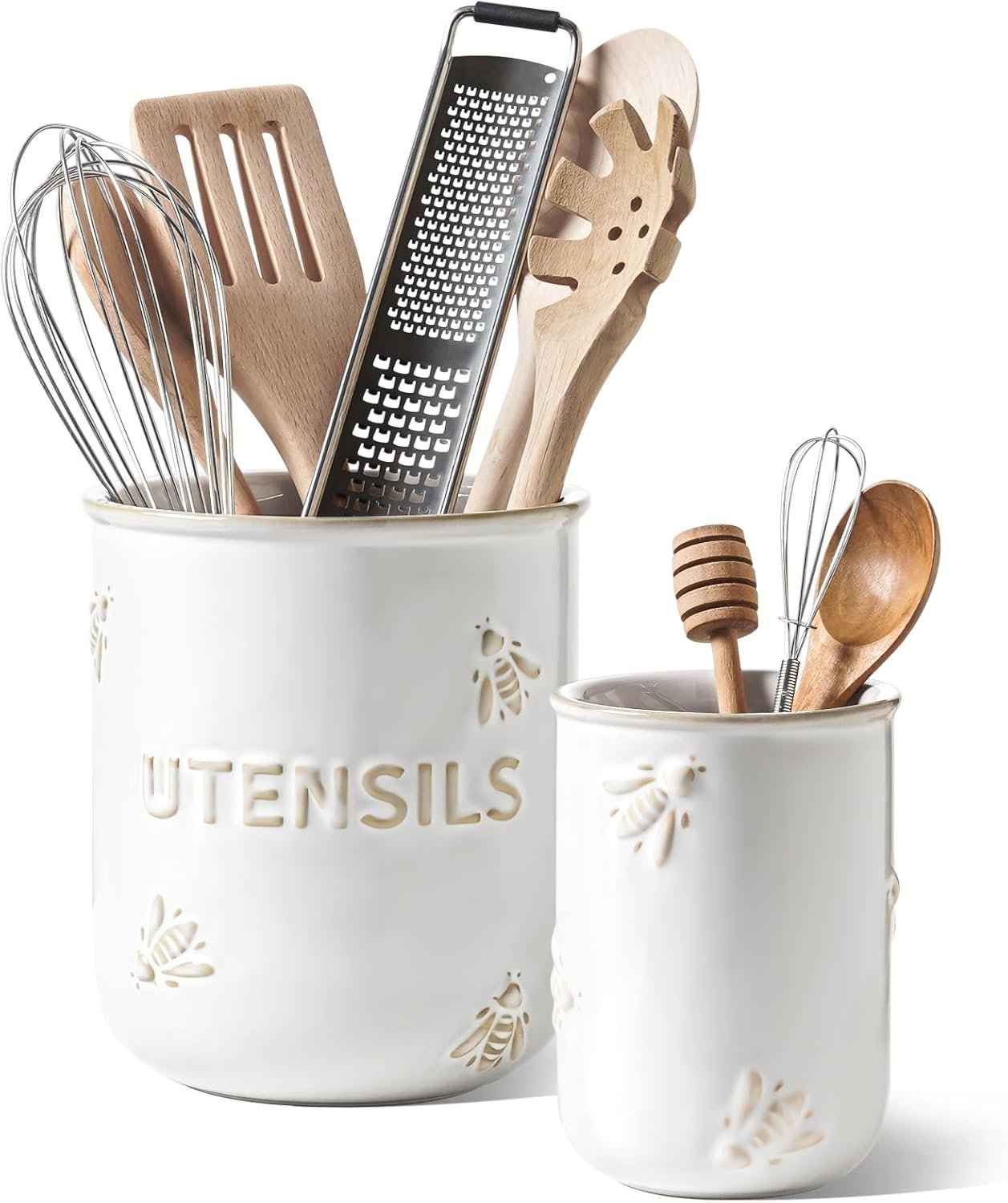 LE TAUCI Kitchen Utensil Holder Set of 2 – 6.9″+5.3″ Large Ceramic Cooking Utensil Crock & Organizer for Spatula, Spoon, Whisk – Farmhouse Countertop Storage, Arctic White, Embossed, Bee