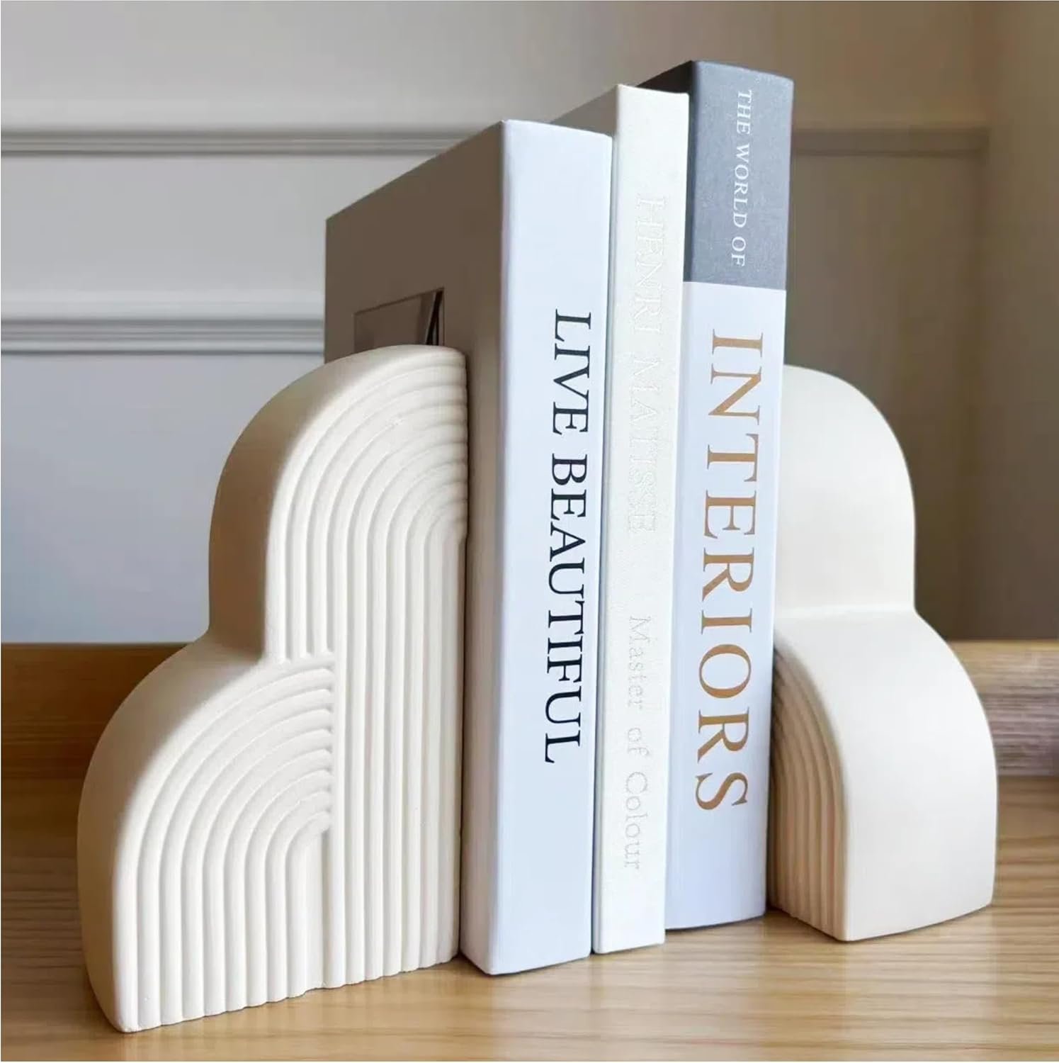 Concrete Bookends Decorative for Heavy Books – Aesthetic Boho Style Set of 2, White Decorative Bookends for Shelves, Office Boho Decor, Home Decor, or Library Decor (Cream White)