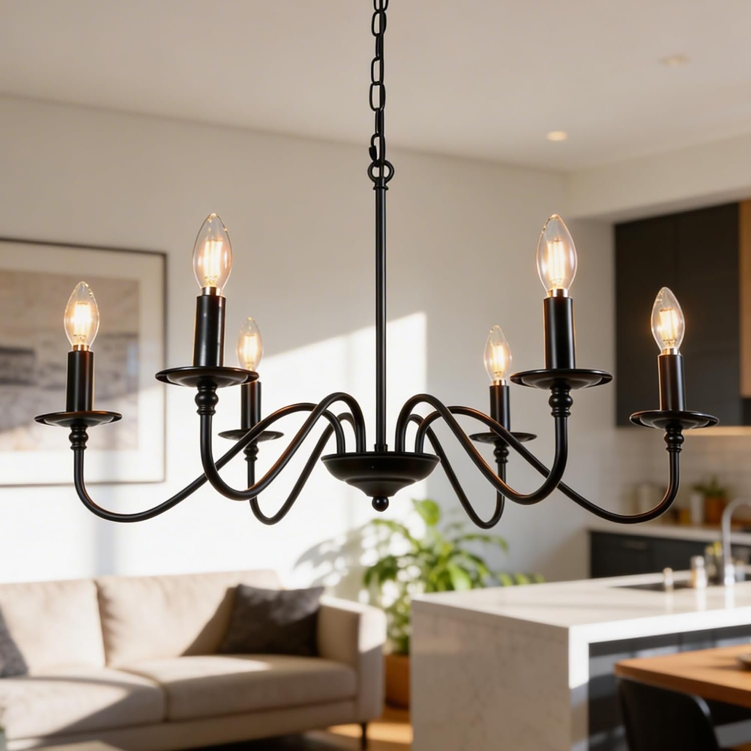 Black Chandelier, 6-Light Farmhouse Candle Chandelier 29”, Rustic Industrial Hanging Light Fixture for Dining Room, Kitchen Island, Living Room, Entryway, Bedroom, Foyer