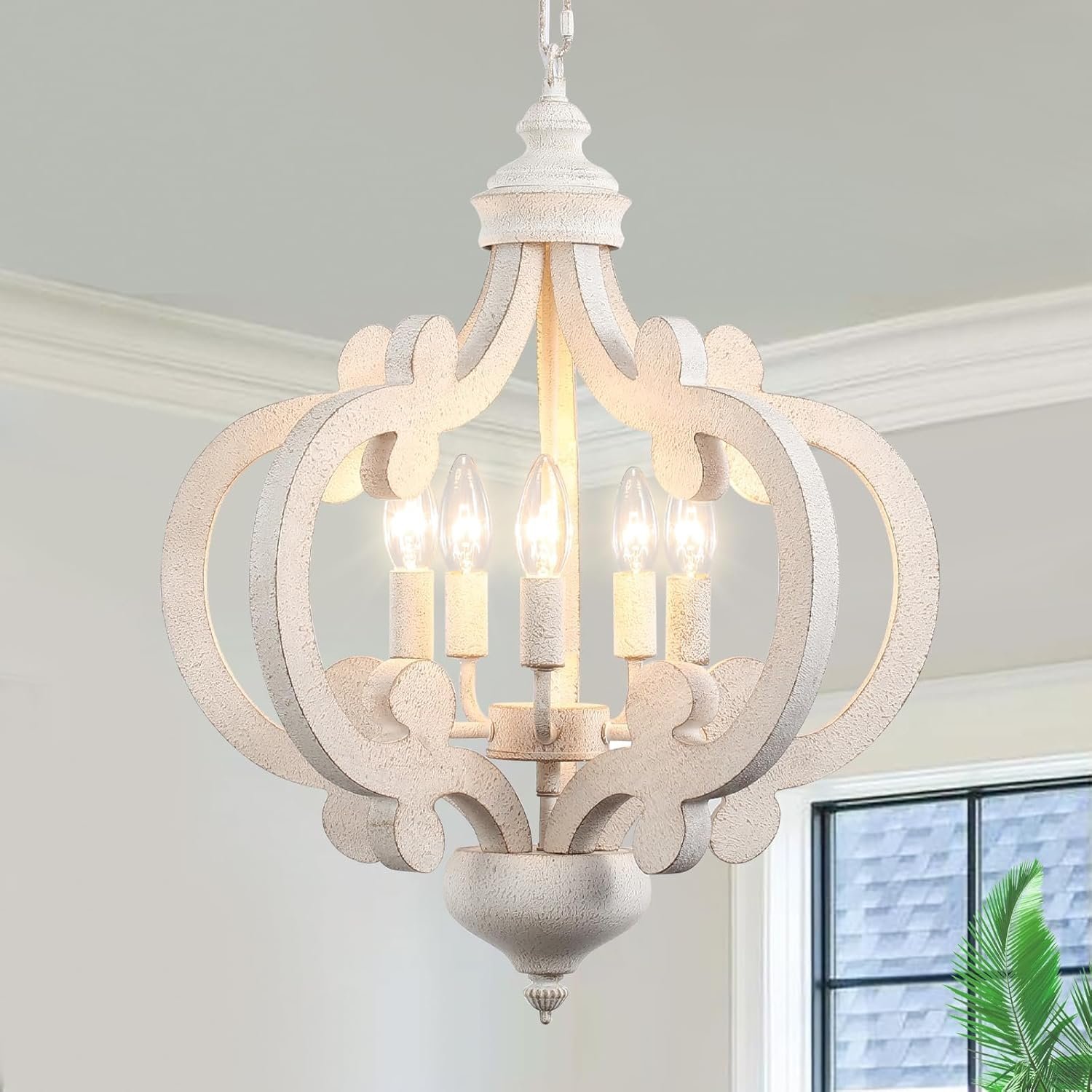 Farmhouse Chandeliers for Dining Room, 5-Light Distressed White French Country Chandelier Foyer Lighting Fixtures, 17.7” Vintage Wood Rustic Chandelier for Bedroom Living Room Entryway