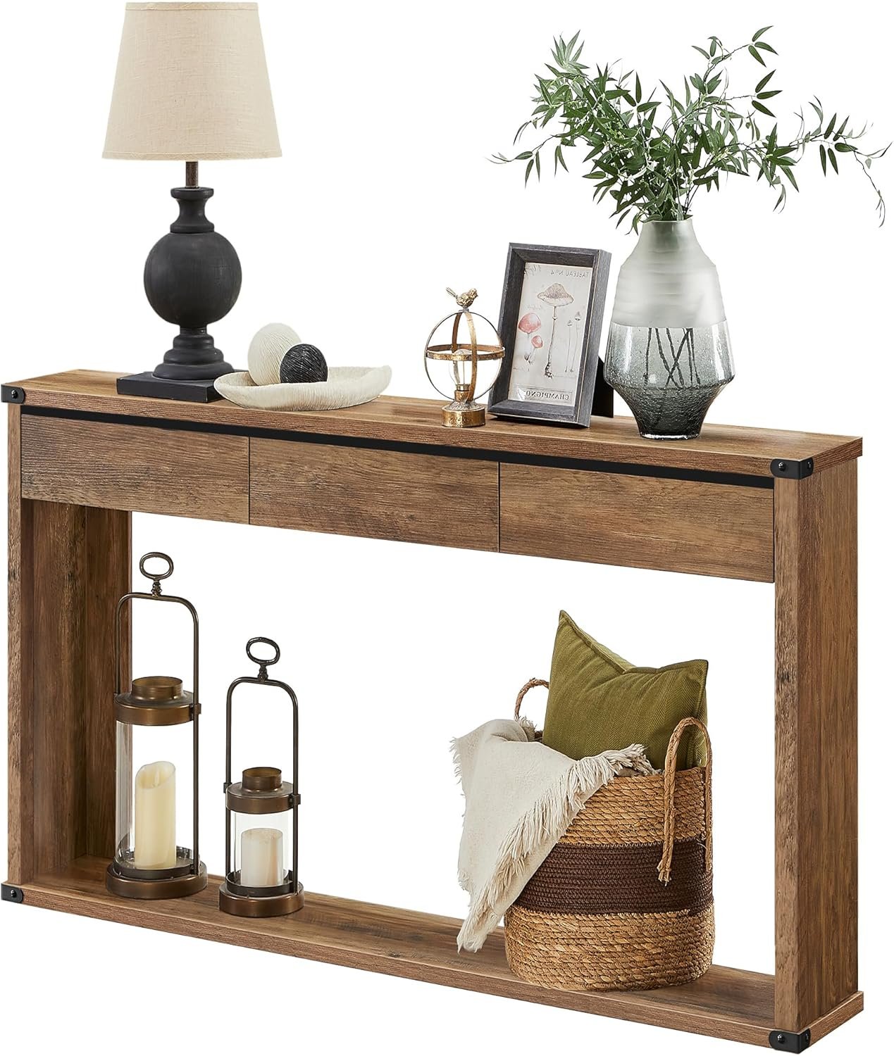 VASAGLE Sofa Console Table, 47.2 Inches Narrow Entryway Table with 3 Drawers, Bottom Shelf, Metal Corners, for Living Room, Bedroom, Farmhouse Style, Honey Brown ULNT143KB01S