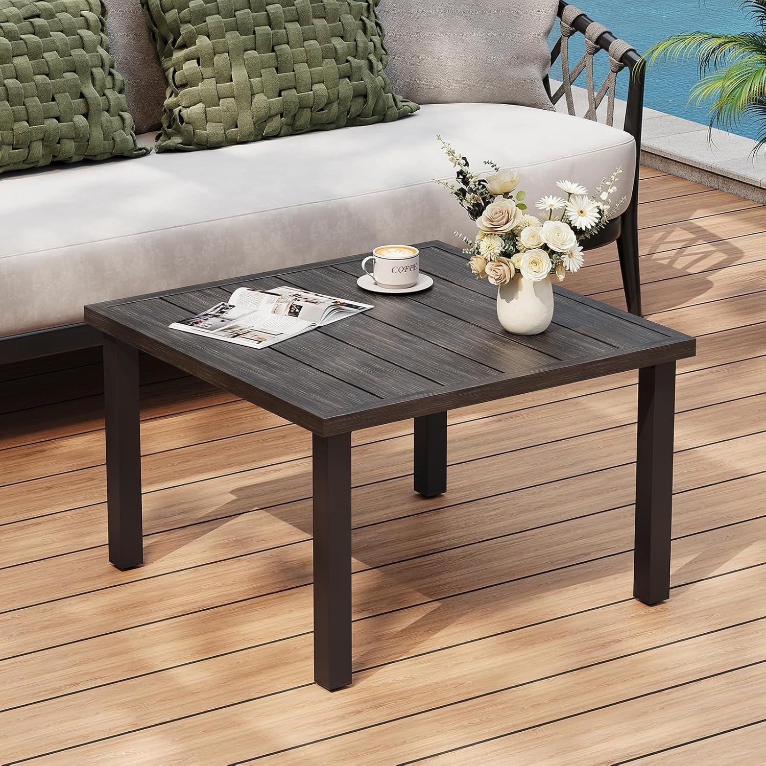 ONBRILL Outdoor Coffee Table, 28 Inch Square Patio Coffee Table, Metal Coffee Table for Porch, Backyard, Poolside, Balcony – Brown