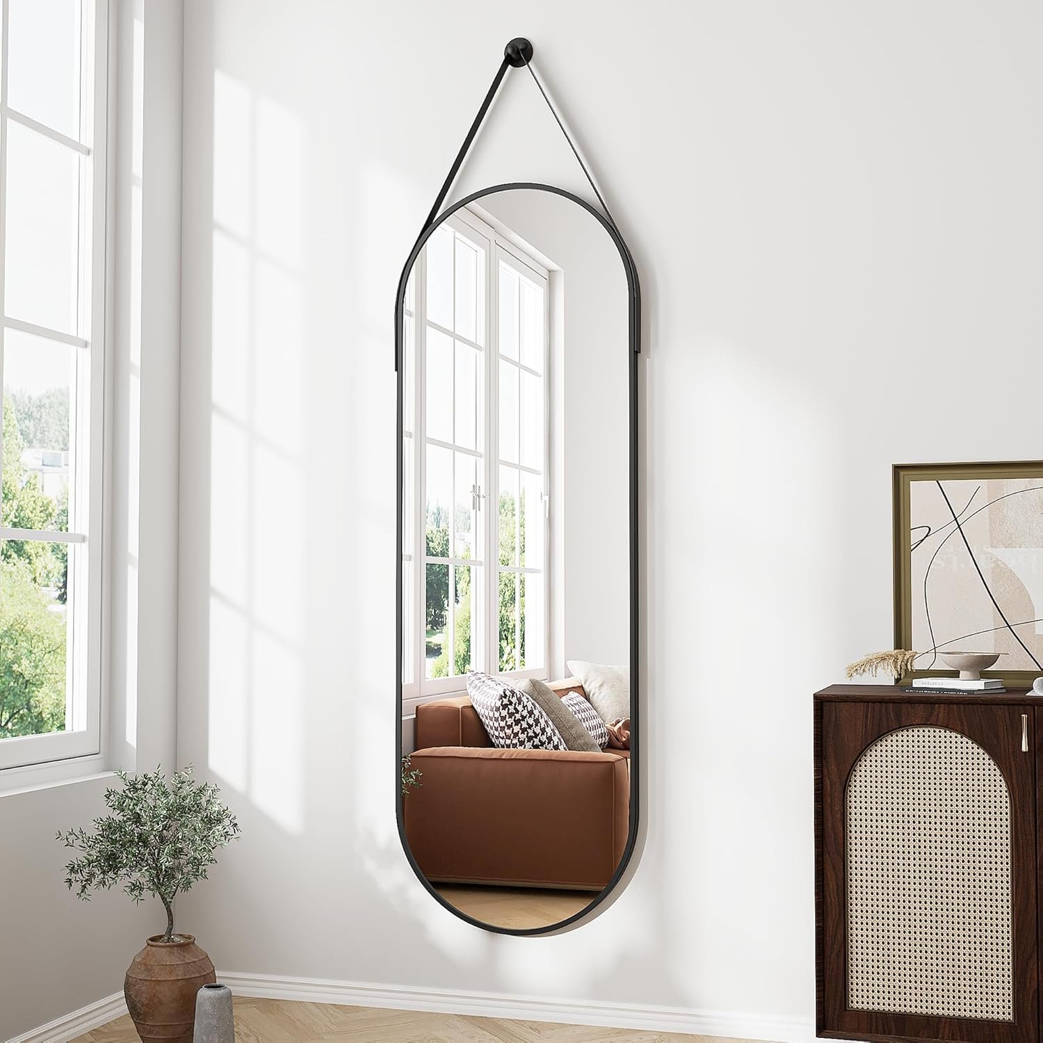 Full Length Mirror, Oval Wall Mounted Mirror, 48″x16″ Door Mirrors Full Length with Hanging Leather Strap with Aluminum Frame for Bathroom Living Room Entryway (Black)