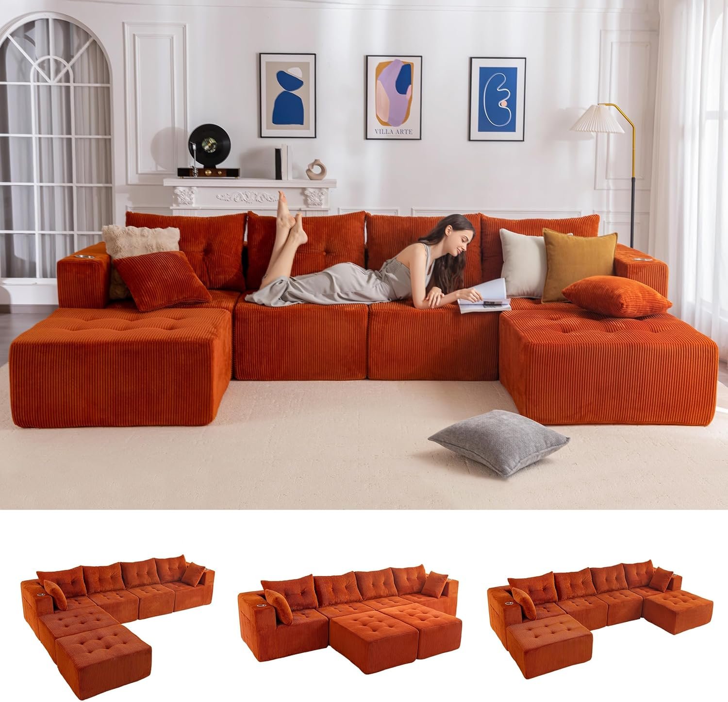 MAXYOYO 129.5″ Modular Sectional Sofa Couch, U Shaped Modern Cloud Couch with 2 Ottomans, Sofa in A Box, Tufted 6-Seat Boneless Sleeper Chair for Living Room, No Assembly Required, Orange
