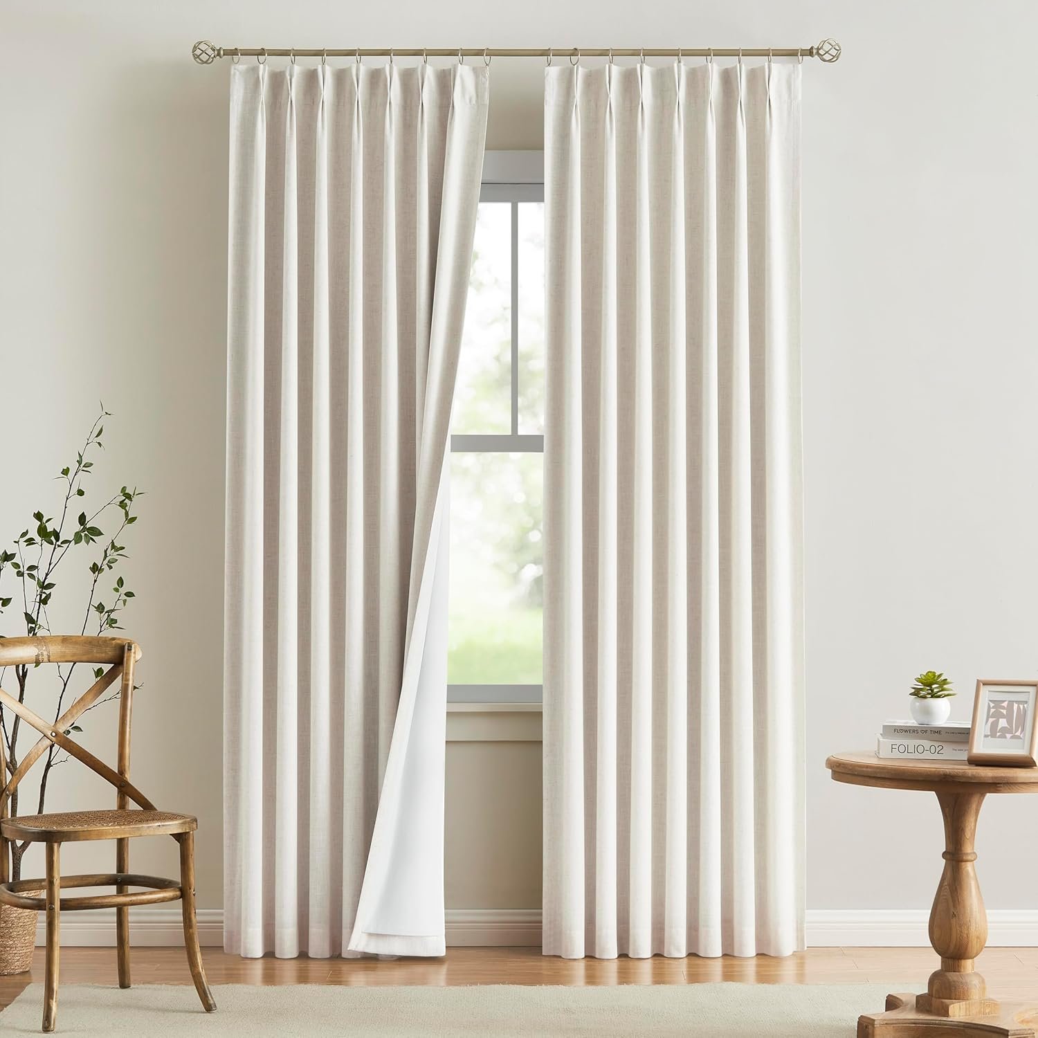 Vision Home Natural Pinch Pleated Full Blackout Curtains Linen Blended Room Darkening Window Curtains 102 inch for Living Room Bedroom Thermal Insulated Pinch Pleat Drapes with Hooks 40″ Wx102 Lx2