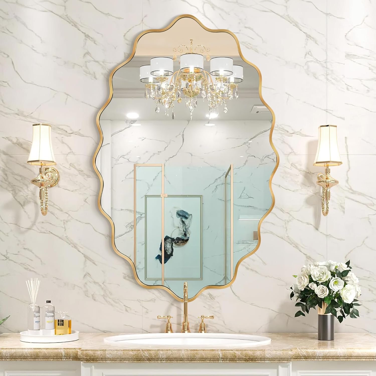 Oval Wavy Wall Mirror -Irregular Wall Mirror with Gold Asymmetrical Aluminum Alloy Frame,22″x30″ Decorative Wall Mirrors for Bathroom, Bedroom, Living Room, Dining Room，Entryway