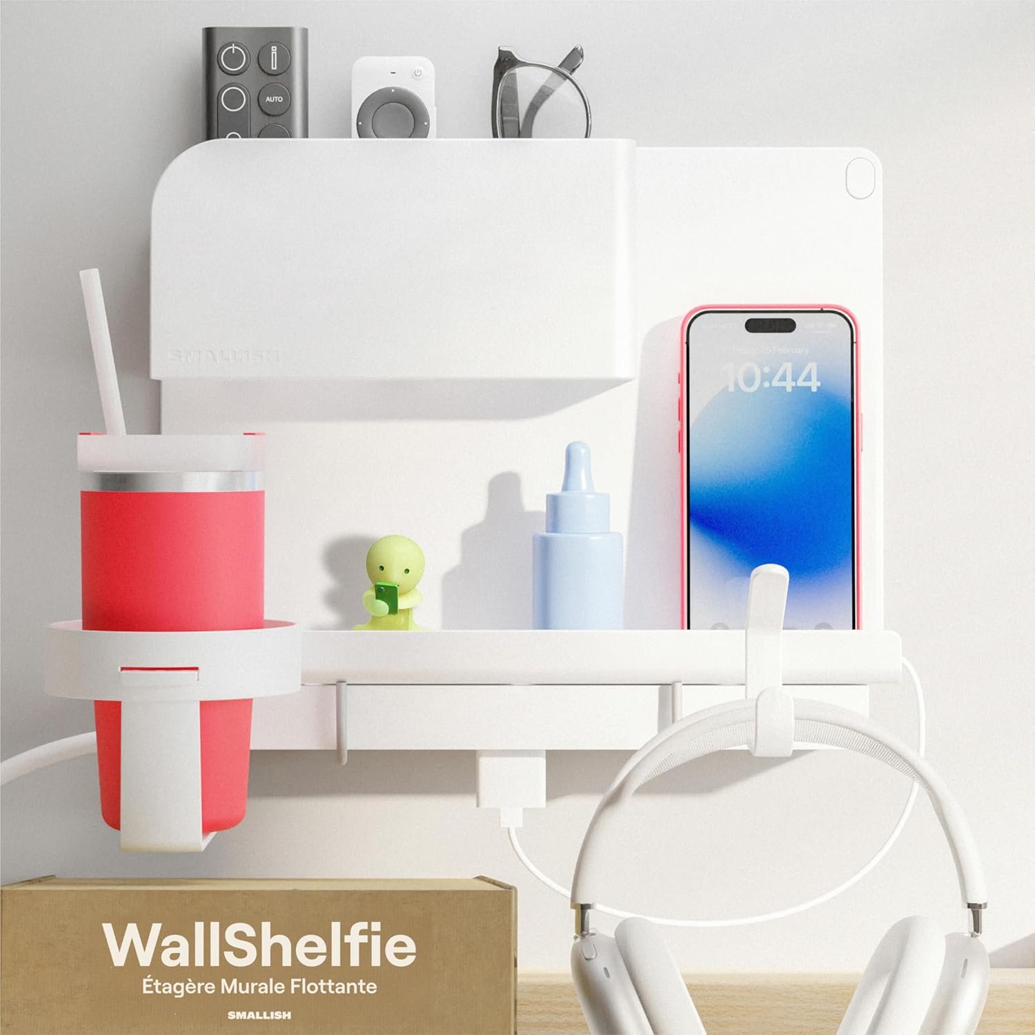 WallShelfie Bedside Wall Organizer & Dorm Decor – Dorm Room Essential, Floating Bedside Shelf Wall Mount Organizer, Remote Control Holder, Cool Teen Girls Trendy Stuff, Room Organization (White)