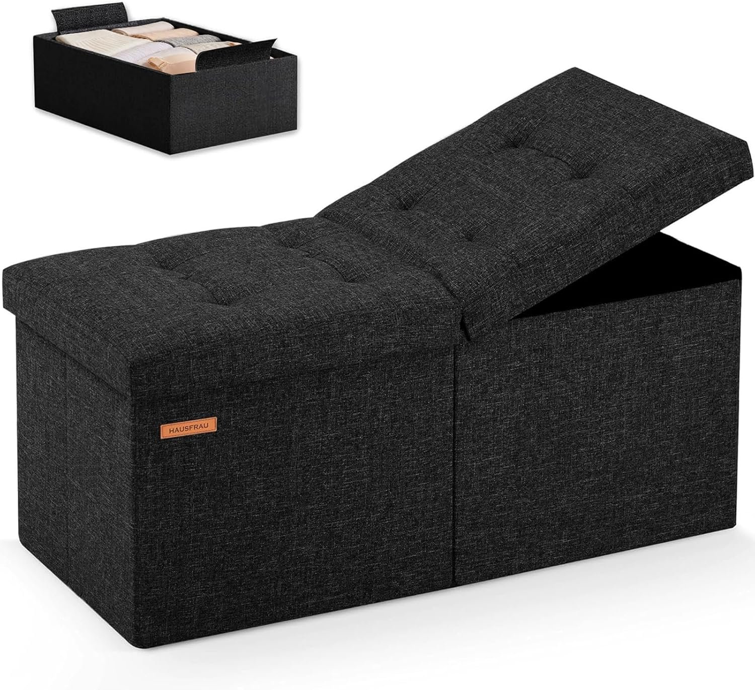 HAUSFRAU 31.5 Inches Ottoman with Storage, Folding Ottoman Bench Small Foot Rest Stool, Bedroom Bench with Flipping Lid, Linen Black