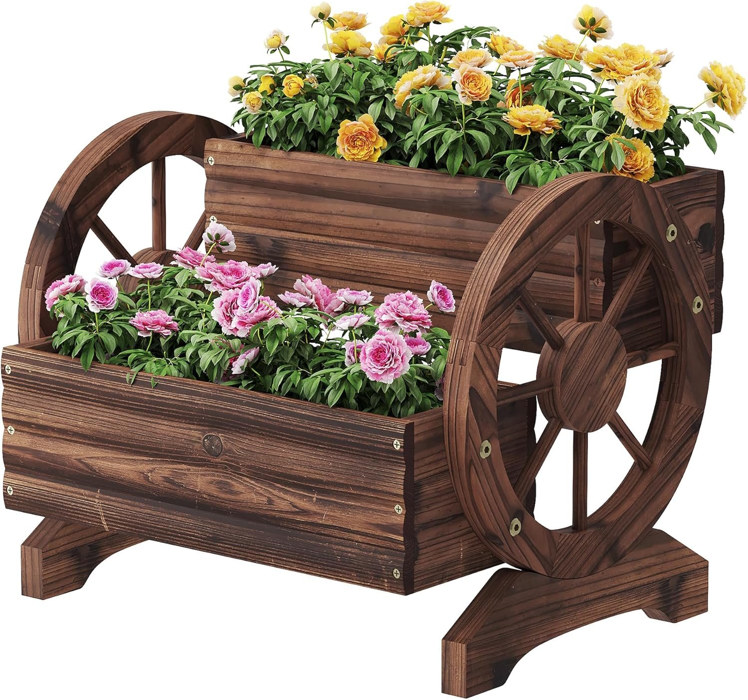 Wooden Wagon Planters for Outdoor Plants, Flower Cart, Wood Planter Boxes Outdoor, Backyard Decor, Flower Planters Outdoor with Wheels Planter for Flowers Vegetables (Carbonized)