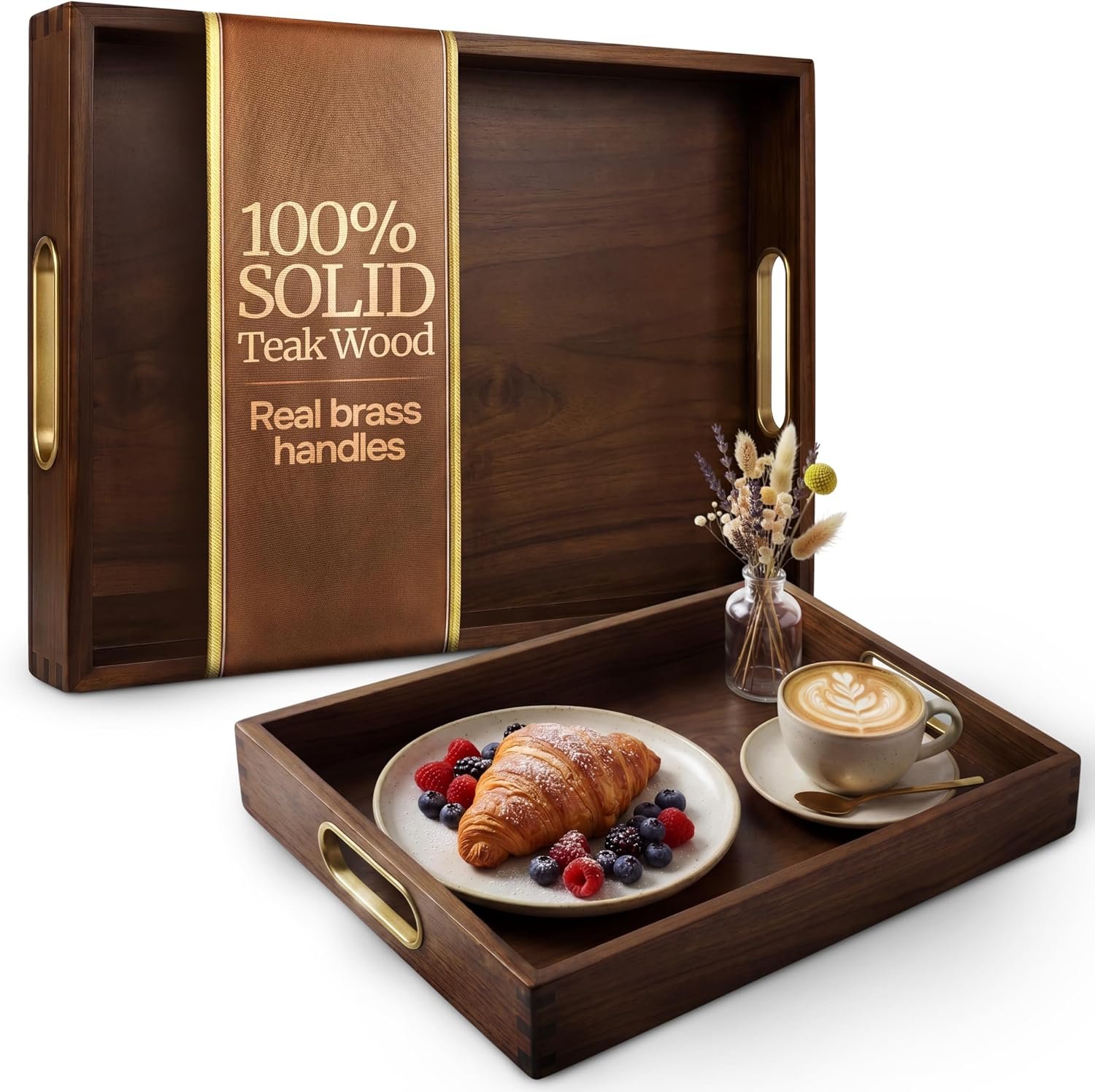 Jack & Juliet Teak Wood Ottoman Tray – Wooden Multifunctional Tray with Real Brass Handles – Non Slip Base in Food-Safe Finish – Gift-Ready Packaging for Coffee Table and Home Decor (Walnut)