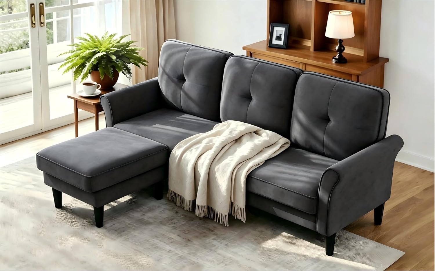Welzona Sectional Couches for Living Room, 83″ Velvet Modern 3 Seater Sofa, L Shaped Couch with Ottoman, Small Sectional Couch Sofas for Living Room, Bedroom, Apartment, Office, Grey Sofa