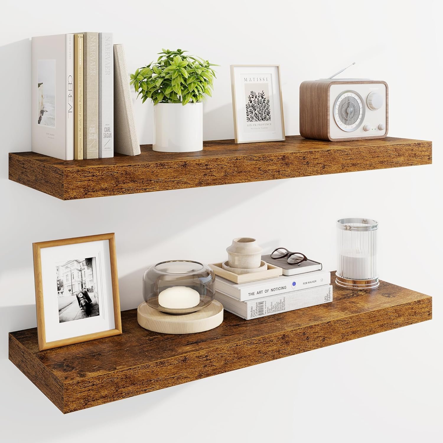 Marsmiles 30″ Floating Shelves for Wall, Wooden Shelves with Invisible Brackets Set of 2, Rustic Farmhouse Wall Mounted Shelf for Kitchen Bathroom Living Room Study, Rustic Brown
