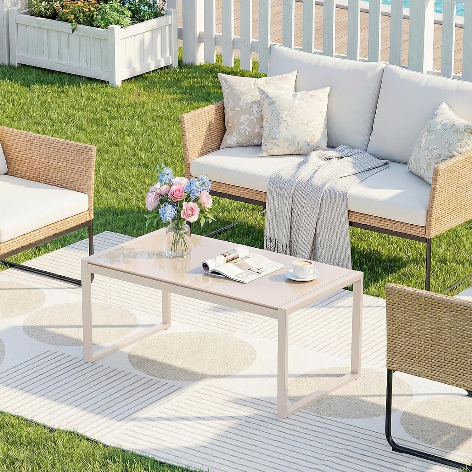 ONBRILL Rectangle Coffee Table with Tempered Glass Desktop, Galvanized Frame Outdoor Coffee Table with Adjustable Feet for Patio, Balcony, Deck, Living Room, Sand
