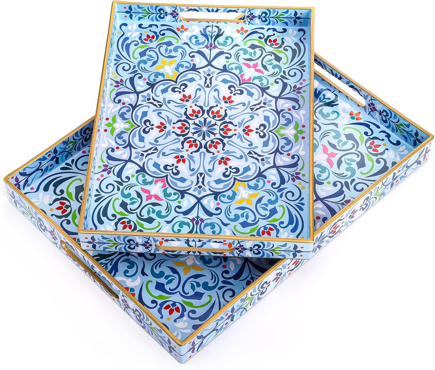 Hiceeden Set of 2 Boho Floral Serving Tray with Handles, 15.7″ x 11.8″ Decorative Plastic Ottoman Tray, Modern Large Coffee Table Server for Living Room, Bathroom, Kitchen, Rectangle, Blue