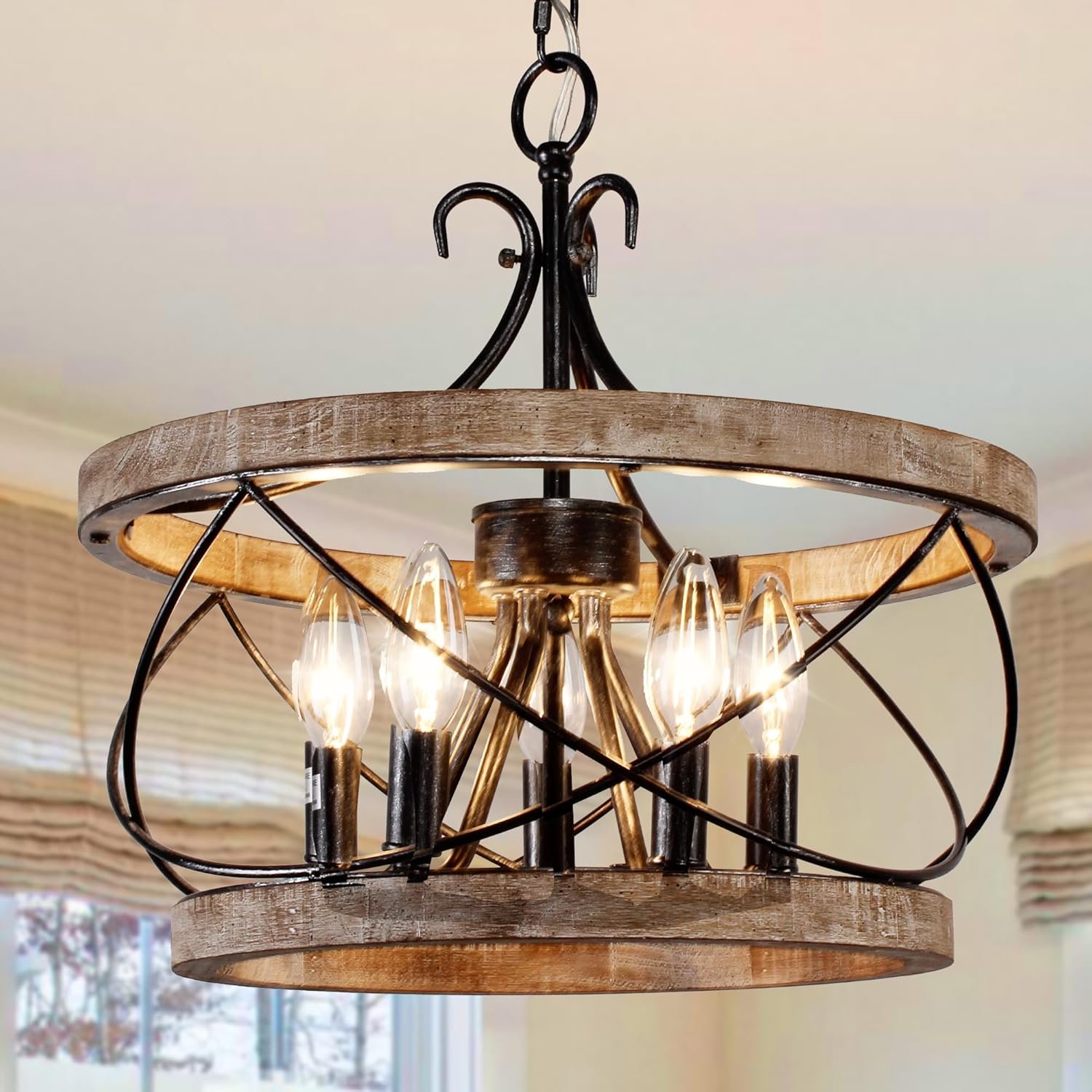 20″ Farmhouse Chandelier, Rustic Drum Chandelier Light Fixture Over Table, 5-Light Pendent Light for Dining Room Vintage Wood Chandelier for Bedroom Hanging Lamp for Kitchen