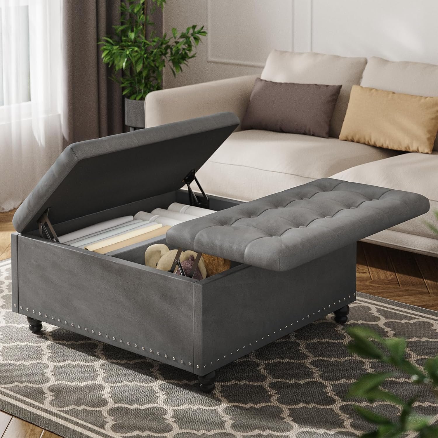 FUXA 35 Inch Large Square Ottoman with Storage, Oversized Ottoman Coffee Table with Lift Top and Wood Legs, Tufted Upholstered Storage Ottoman Bench for Living Room (Gray)