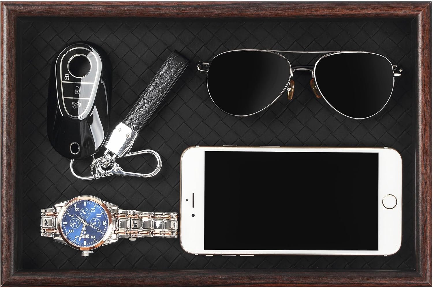 Wooden Valet Tray with Leather Base – Nightstand Catchall Organizer for Cologne, Perfume, Keys, Wallet, Phone, Watch, Jewelry & Sunglasses (Black)