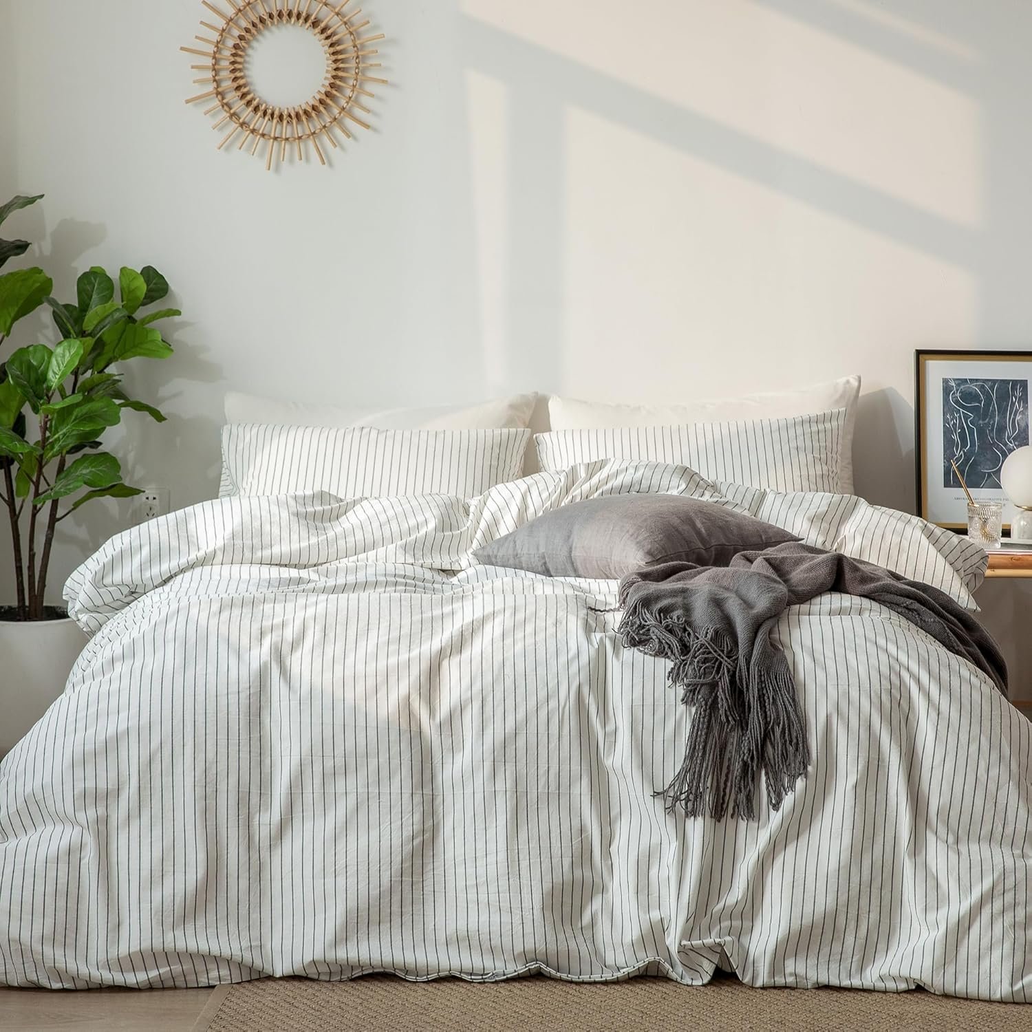 MooMee Striped Duvet Cover Set 100% Washed Cotton Linen Like Textured Breathable Durable Soft Comfy (White Dark Grey Wide Stripes, Queen 90″x90″)