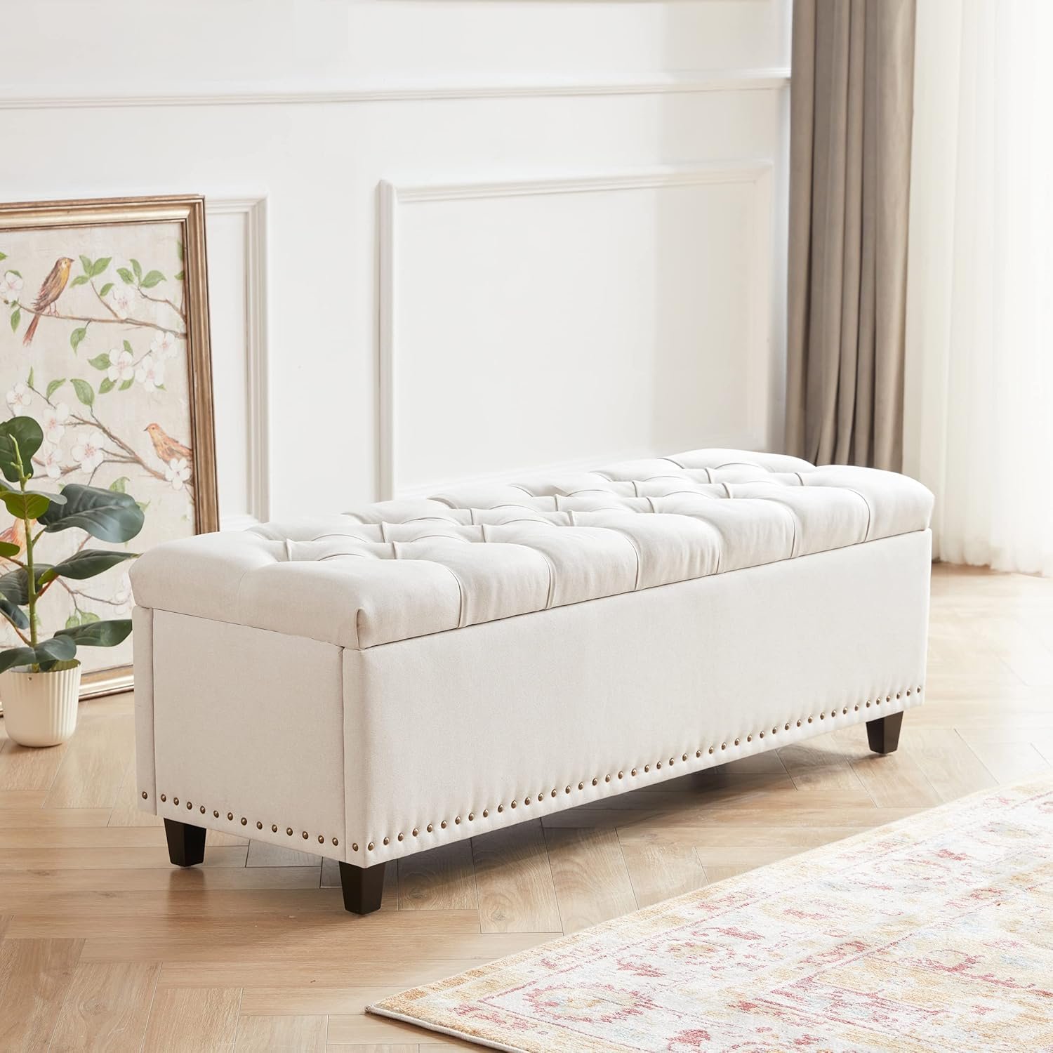 Tbfit Ottoman with Storage, 50.8″ Upholstered Button Tufted End of Bed Bench with Safety Hinge & Rivets, Large Entryway Bench, Foot Rest Stool for Bedroom, Living Room (Beige)