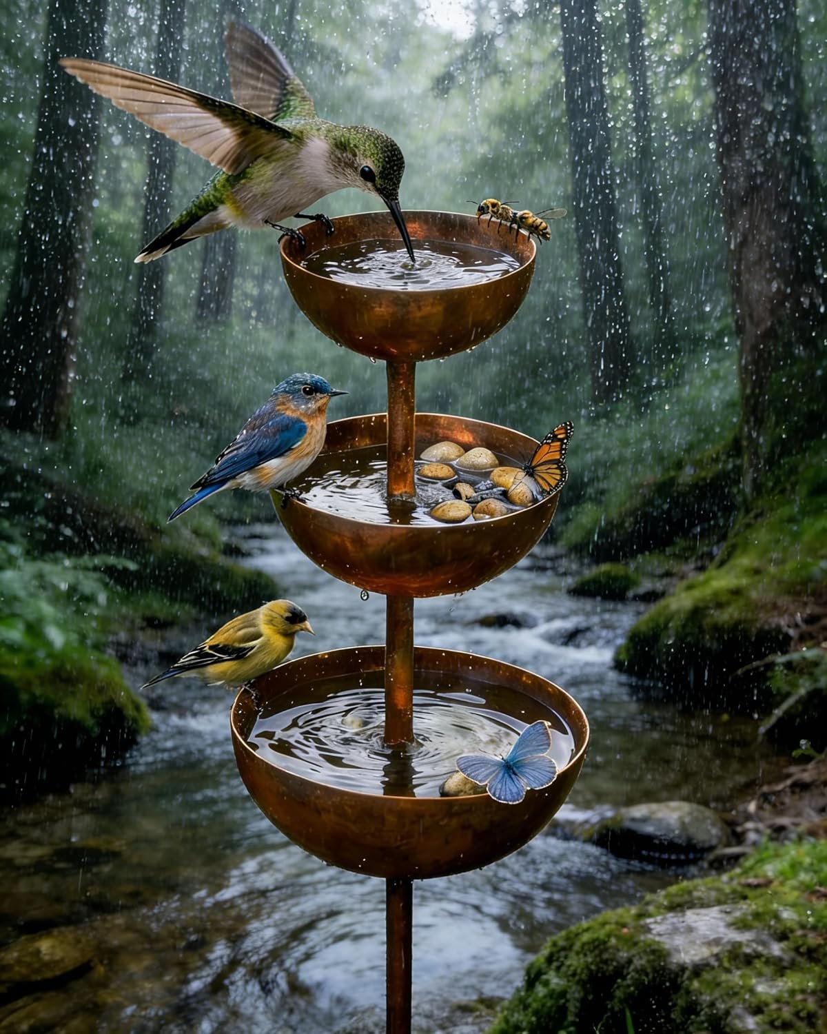 Rain Catcher – Plant Support Metal Garden Ornament, 2026 New Rain Catcher Garden Stake with 3-Tiered Water Bowls, Bird Bath & Butterfly Feeder, Outdoor Yard Art Decor (1)