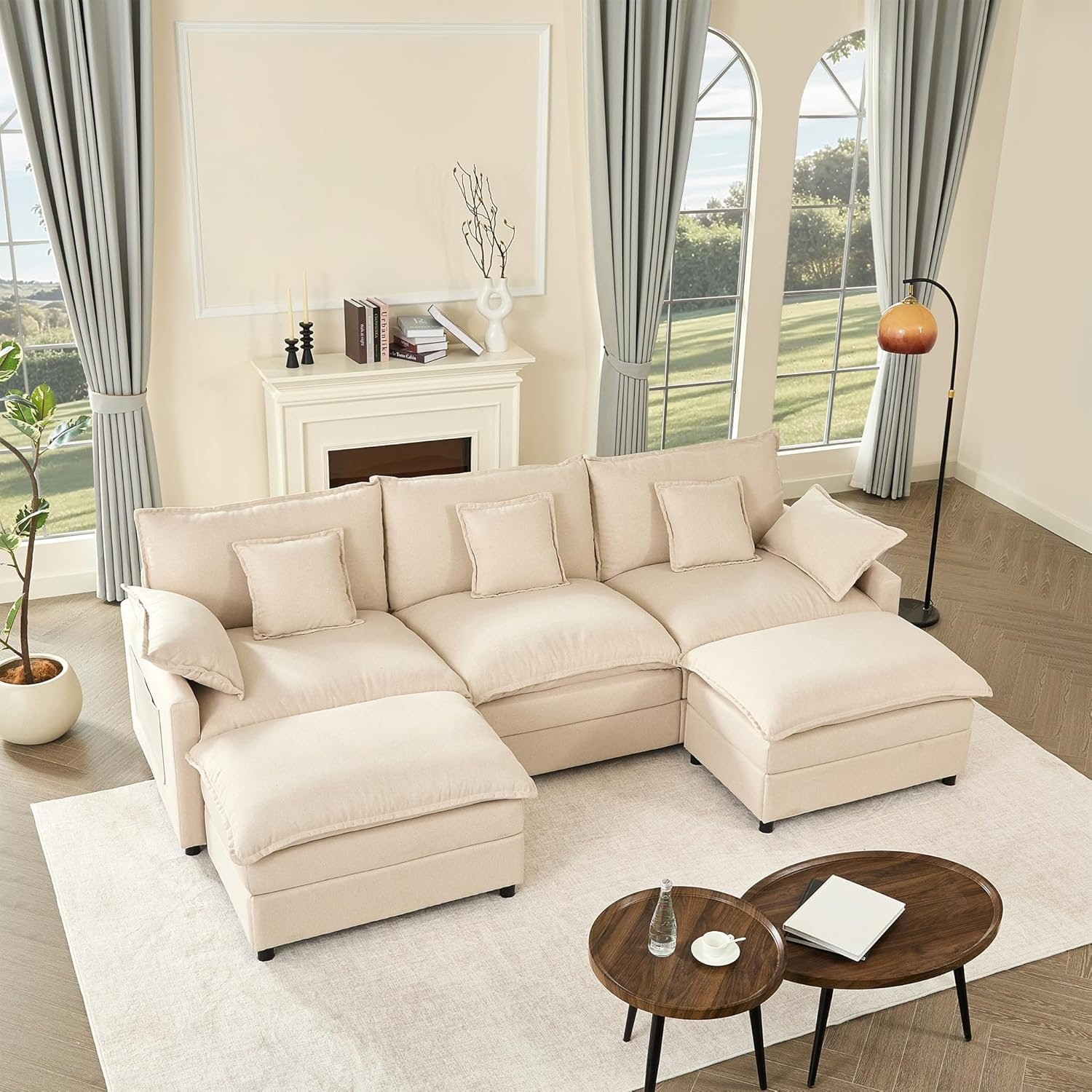 GOSUHI 108″ U Shaped Couch, Modular Sectional Sofa, 3-Seater Comfy Cloud Couch, Set of Modular Pieces with Movable Ottoman, Deep Seat Couches for Living Room, Linen, Beige