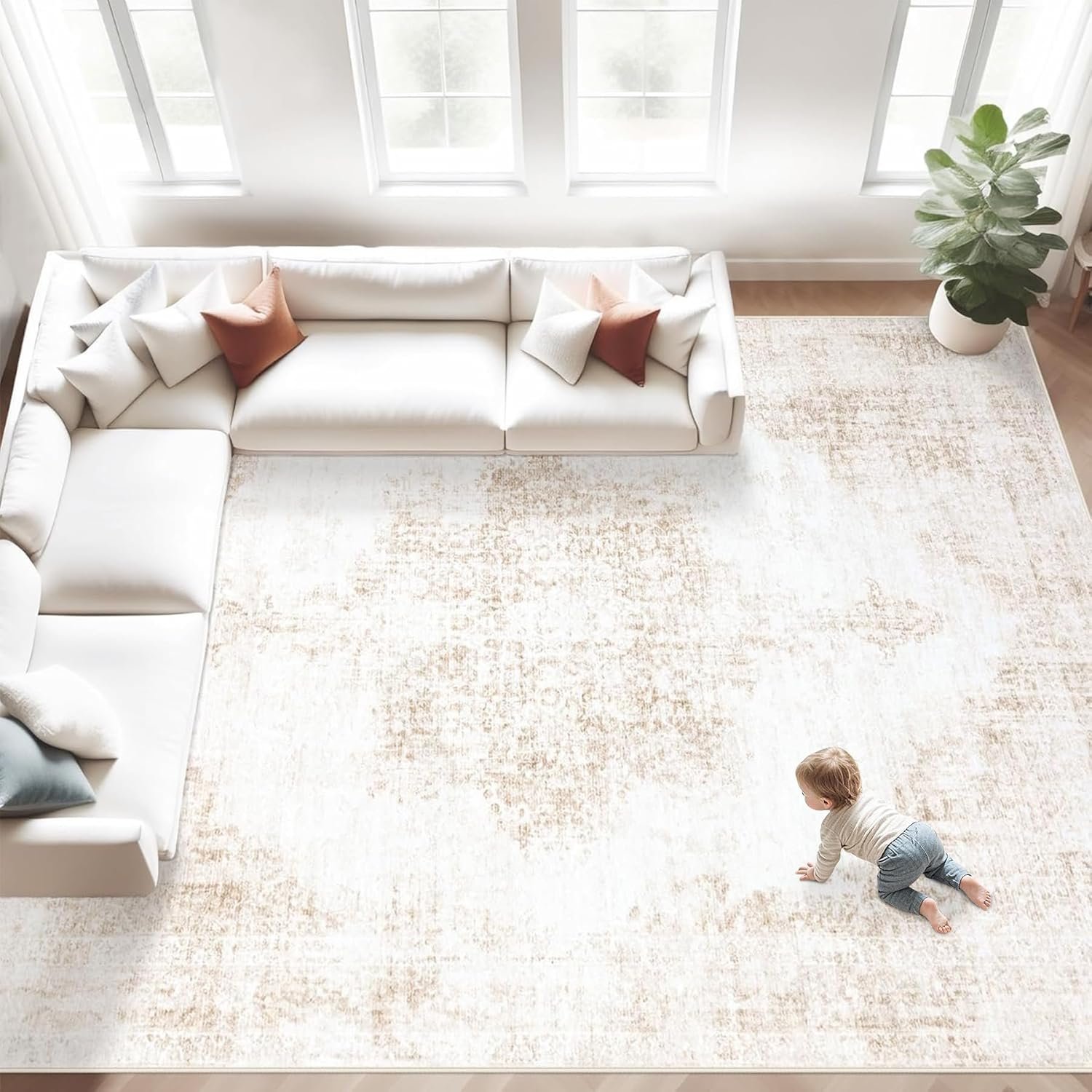 Area Rugs 8×10 Vintage Rug: Large Washable Living Room Rug Retro Medallion Distressed Rugs Soft Low Pile Non-Slip Indoor Floor Carpet for Bedroom Kitchen Nursery Dining Table Office (Beige, 8’x10′)