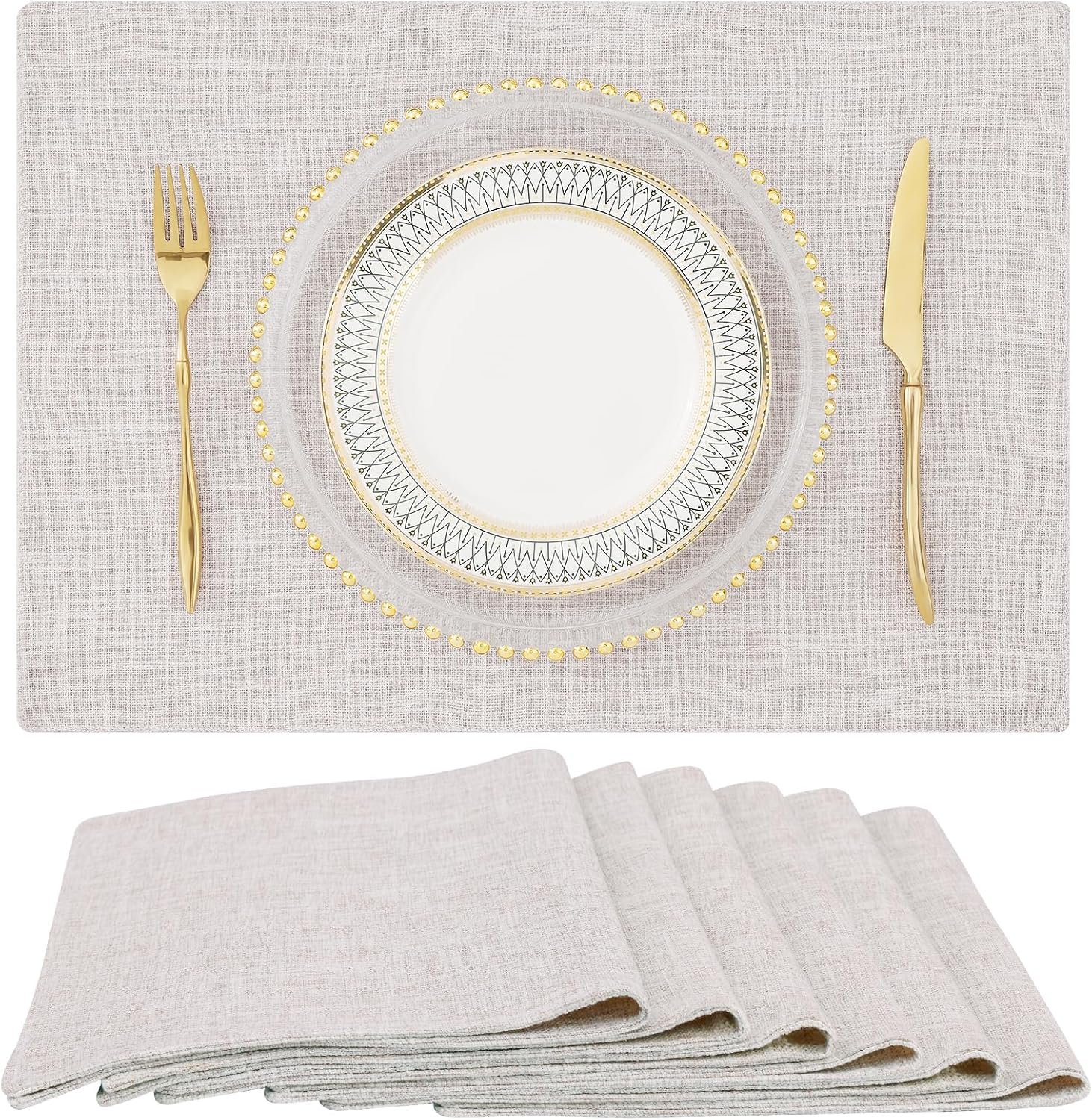 homing Faux Cotton Linen Placemats Set of 6, Cloth Washable Farmhouse Dining Table Mats for Indoors & Outdoors, Easy to Clean, Neutral Beige, 13 x 19 Inch