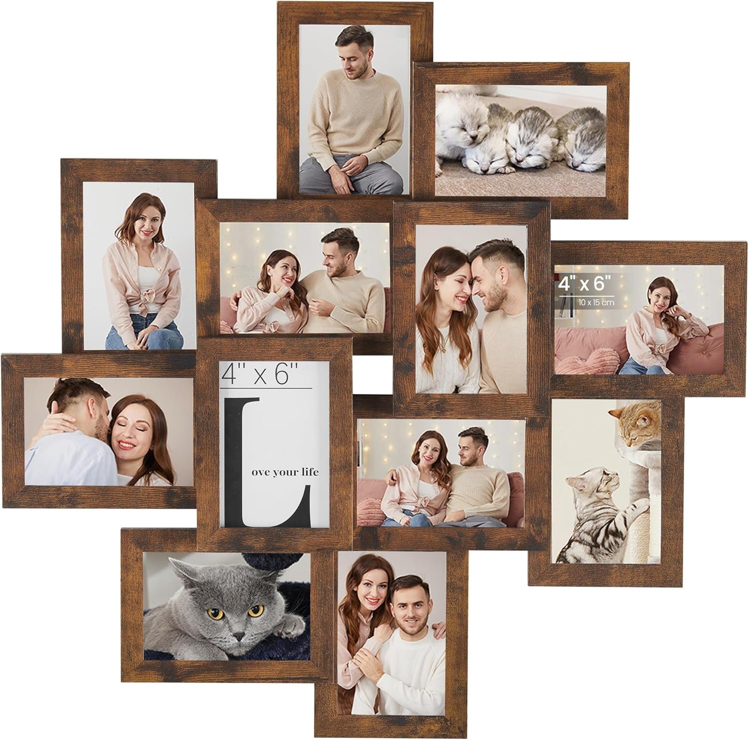 SONGMICS 4×6 Picture Frames Collage Wall Decor, 12-Pack Photo Collage Frame, Multi Picture Frame Set with Glass Front, Assembly Required, Rustic Brown URPF022X01