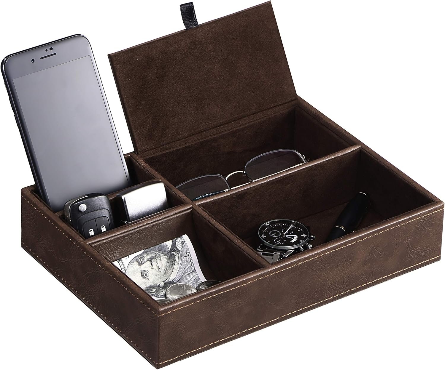 BEWISHOME Mens Valet Tray for men, Nightstand Organizer, Dresser Organizer, Catch All for Mens AccessoriesFaux Leather,Brown SSH06Z