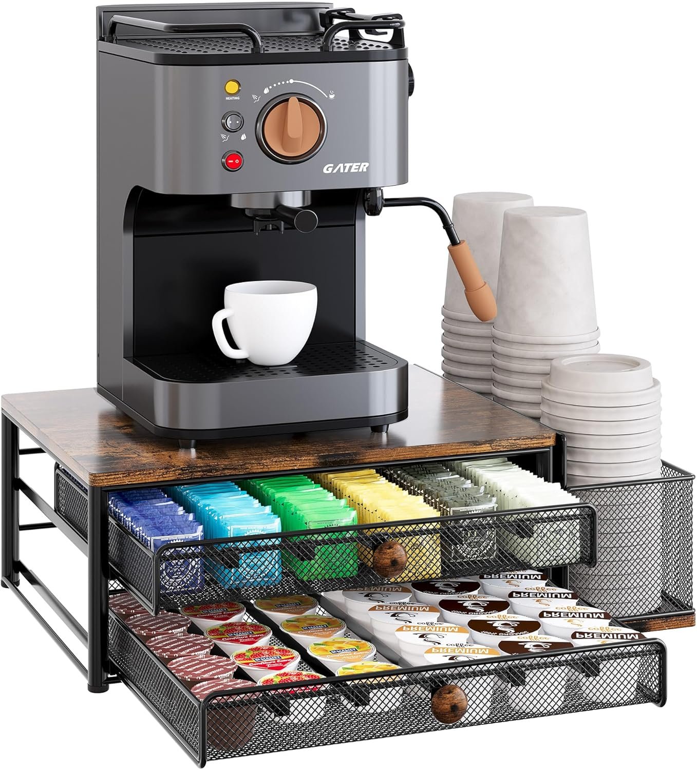 TQVAI K Cup Holder – 60 Capsule Capacity 2 Tier Sliding Pods Storage Drawer with Disposable Cups & Lids Holder, Coffee Bar Station Organizer for Countertop, Black