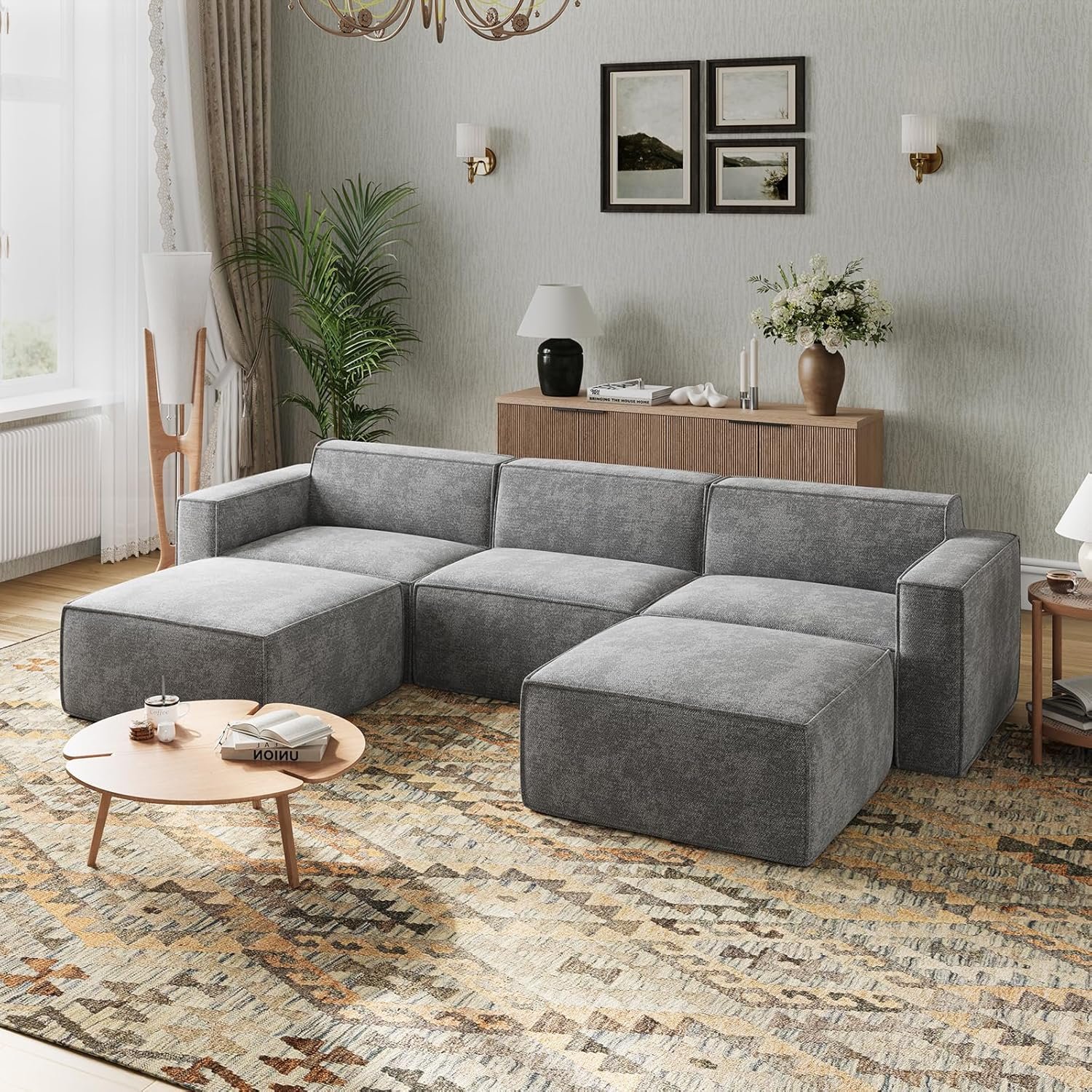 Novilla 117.7″ Modular Sectional Sofa, No Assembly Cloud Sectional Couch with Smarts Coil® Support, Chenille Fabric U Shape Boneless Couch for Living Room Apartment, Dark Gray (3 Seat w/ 2 Ottoman)
