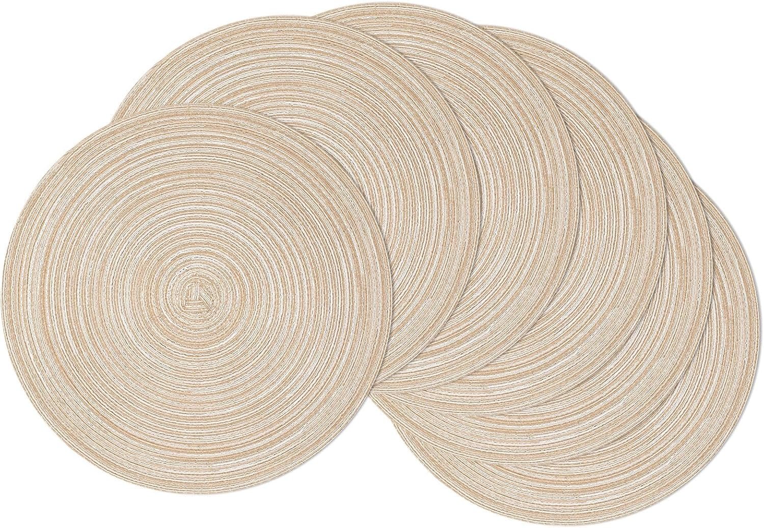 SHACOS 15 inch Round Placemats Set of 6, Cotton Polyester Woven Braided Place Mats, Washable Heat Resistant Circle Table Mats Dining Table Decor (Beige, 6)