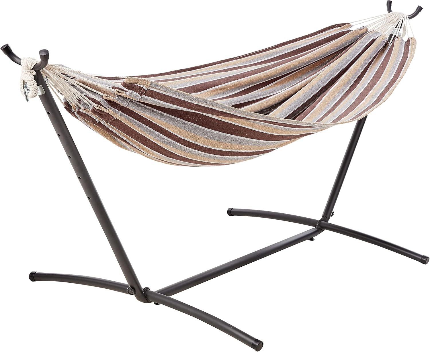 Amazon Basics Double Hammock with 9-Foot Space Saving Steel Stand and Carrying Case, 2 Person, 450 lb Capacity, Cream Wave, 110″ x 47″ x 43″