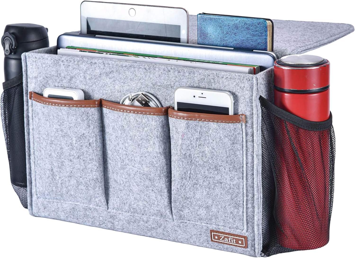 Zafit Bedside Caddy, Large Size Storage Organizer with 8 Pockets – Perfect for Magazine, Remotes, Phone (13.4” x 18.1”, Light Grey)