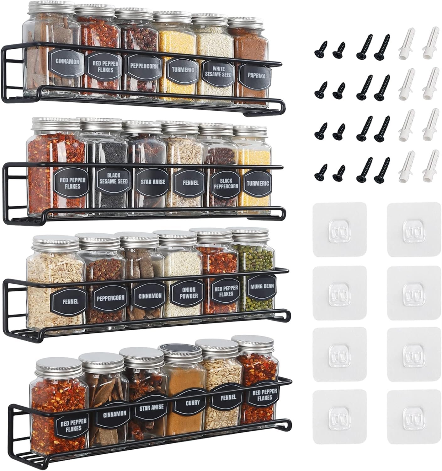 Spice Rack Wall Mounted 4 Tier – Space-Saving Kitchen Spice Organizer for Seasonings – Screw or Adhesive Hanging – Wall Mount Hanging Spice Rack for Wall, Cabinet, Pantry Door 2.5x 2.5×11.5 in