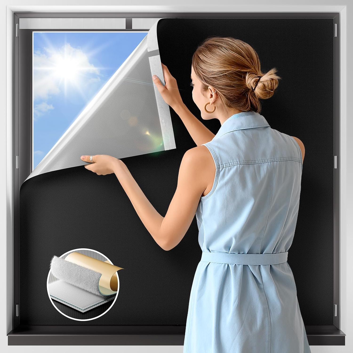 NIGHTON 100% Blackout Curtains for Bedroom, No Drill Black out Blinds With Upgraded Hook and Loop Tape, Portable Blackout Curtains for Window Cover Baby Nursery,Travel,RV- 1 Panel Black 42”W x 60” L