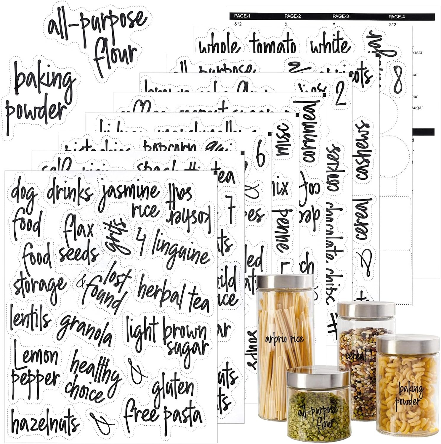 170PCS Food Pantry Labels, Kitchen Container Storage Labels, Kitchen Pantry Label for Food Containers, Preprinted Black Script Vinyl Stickers for Organization Canisters, Jars, Boxes and Bottles