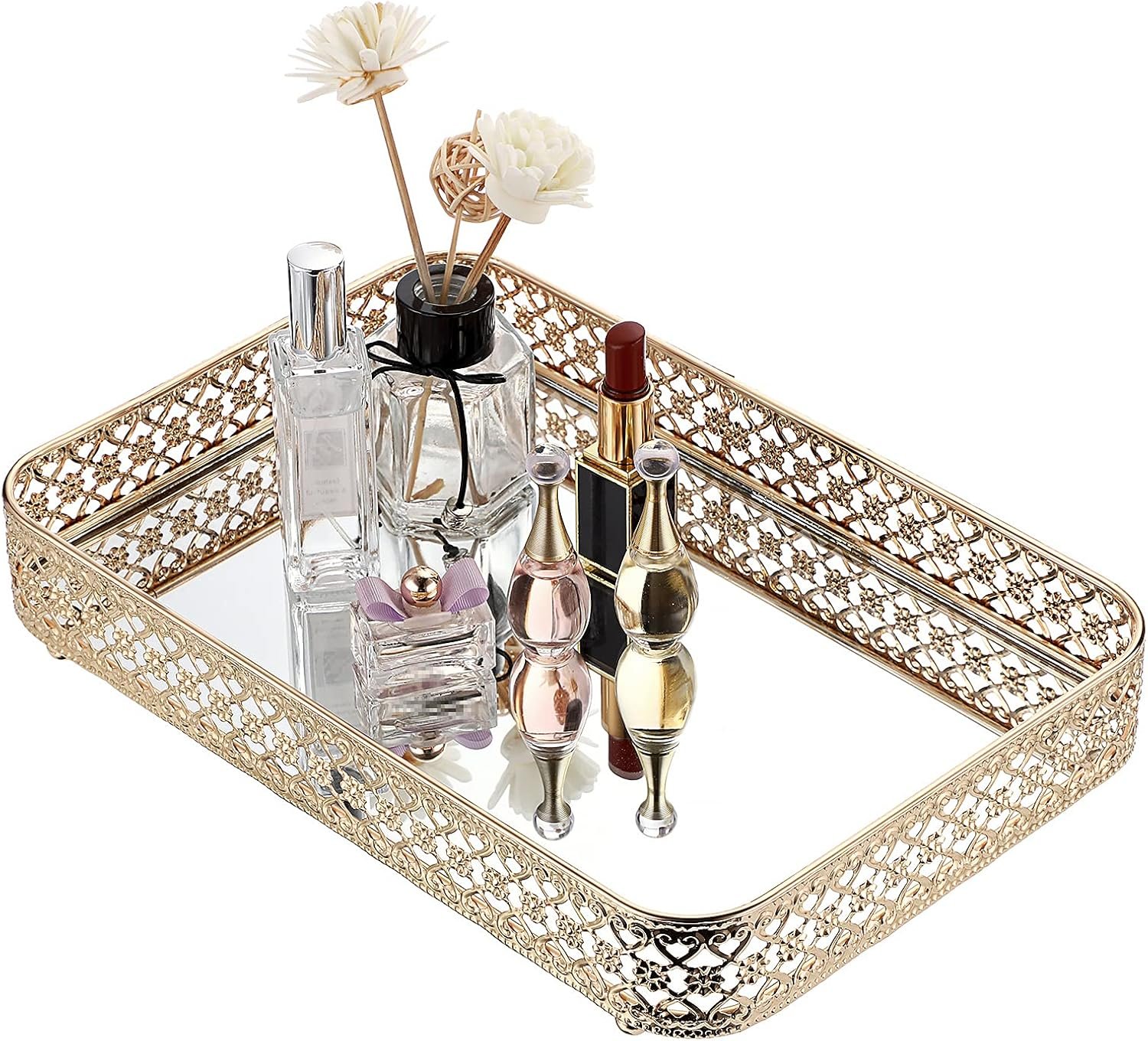 ELLDOO Perfume & Makeup Vanity Tray – Hollow-Carved Jewelry Storage, Glass & Metal Trinket Organizer for Dresser & Bathroom Countertop, Gold, Medium Size
