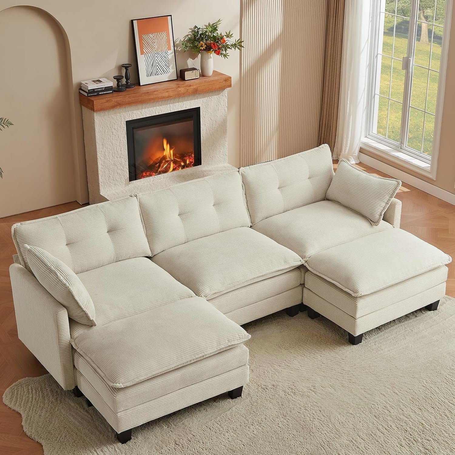 Amsleekey Modular Sectional Sofa, 111.5″ U-Shaped Corduroy Comfy Sectional Couches for Living Room, 3-Seater Cloud Couches with 2 Movable Ottomans, Flexible Combination Modern Deep Seat Sofa (Beige)