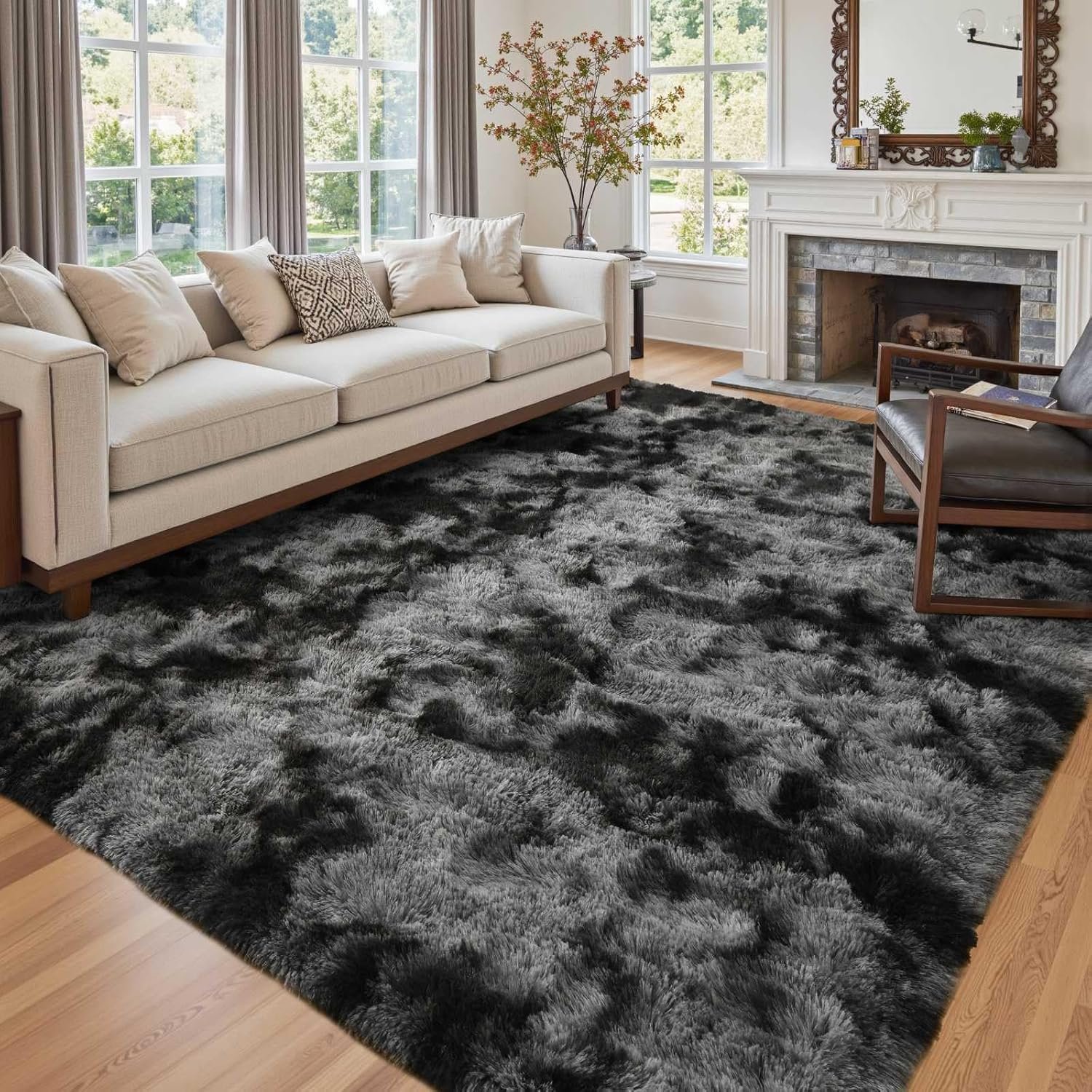 5×7 Ft Large Shag Rugs for Bedroom Living Room Decor for Men Boys, Tie Dyed Ultra Soft Fluffy Furry Area Rug for Indoor Floor, Aesthetic Carpet for Home Decor (Dark Grey)
