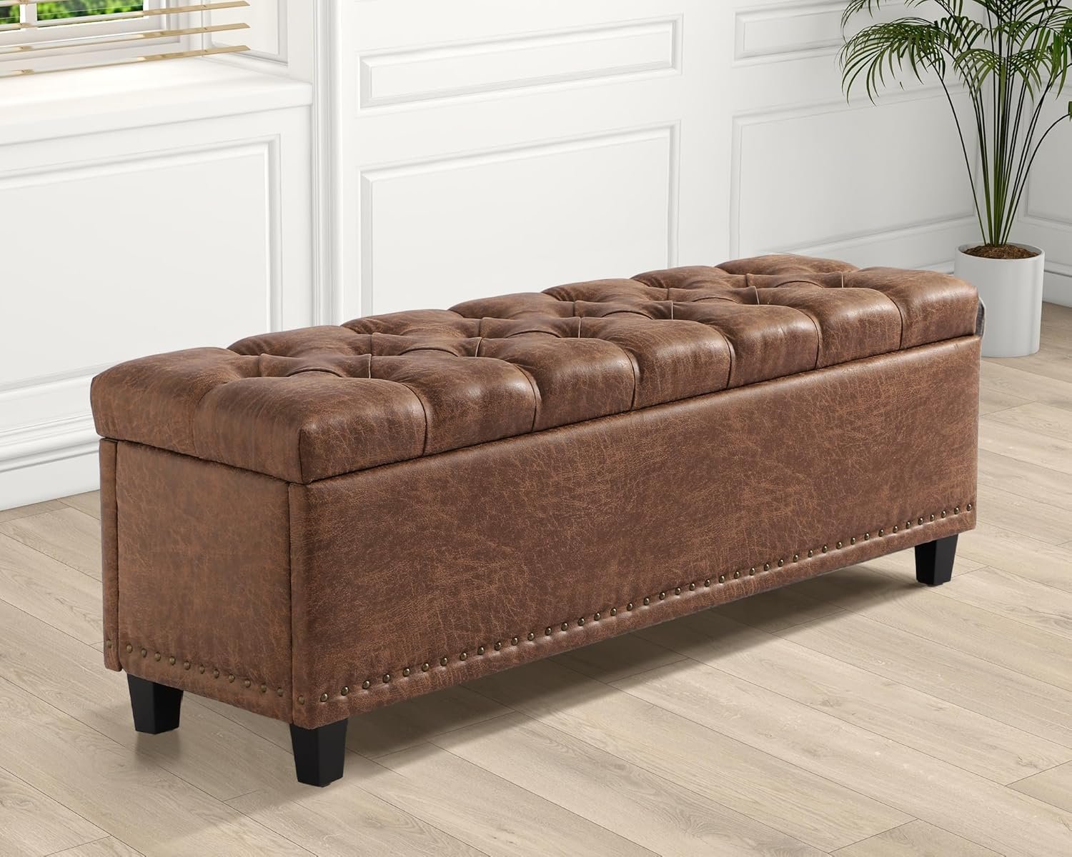 Grepatio 51″ Ottoman Storage Benches, 30 Gallons End of Bed Storage Bench, Large Rectangular Ottoman, Button-Tufted Ottomans with Storage for Living Room Bedroom, Foot of Bed (Brown)